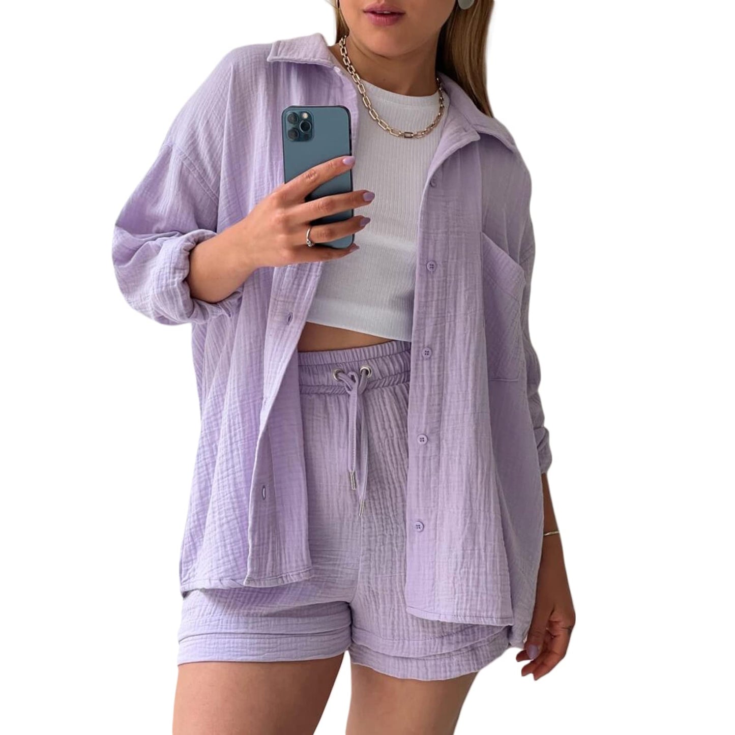 Geagodelia Damen Zweiteiler Elegant Hosenanzug Sommer Outfits Kleidung 2 Teiler Set Bluse Top + Shorts Y2k Aesthetic Clothes Loungewear Anzug