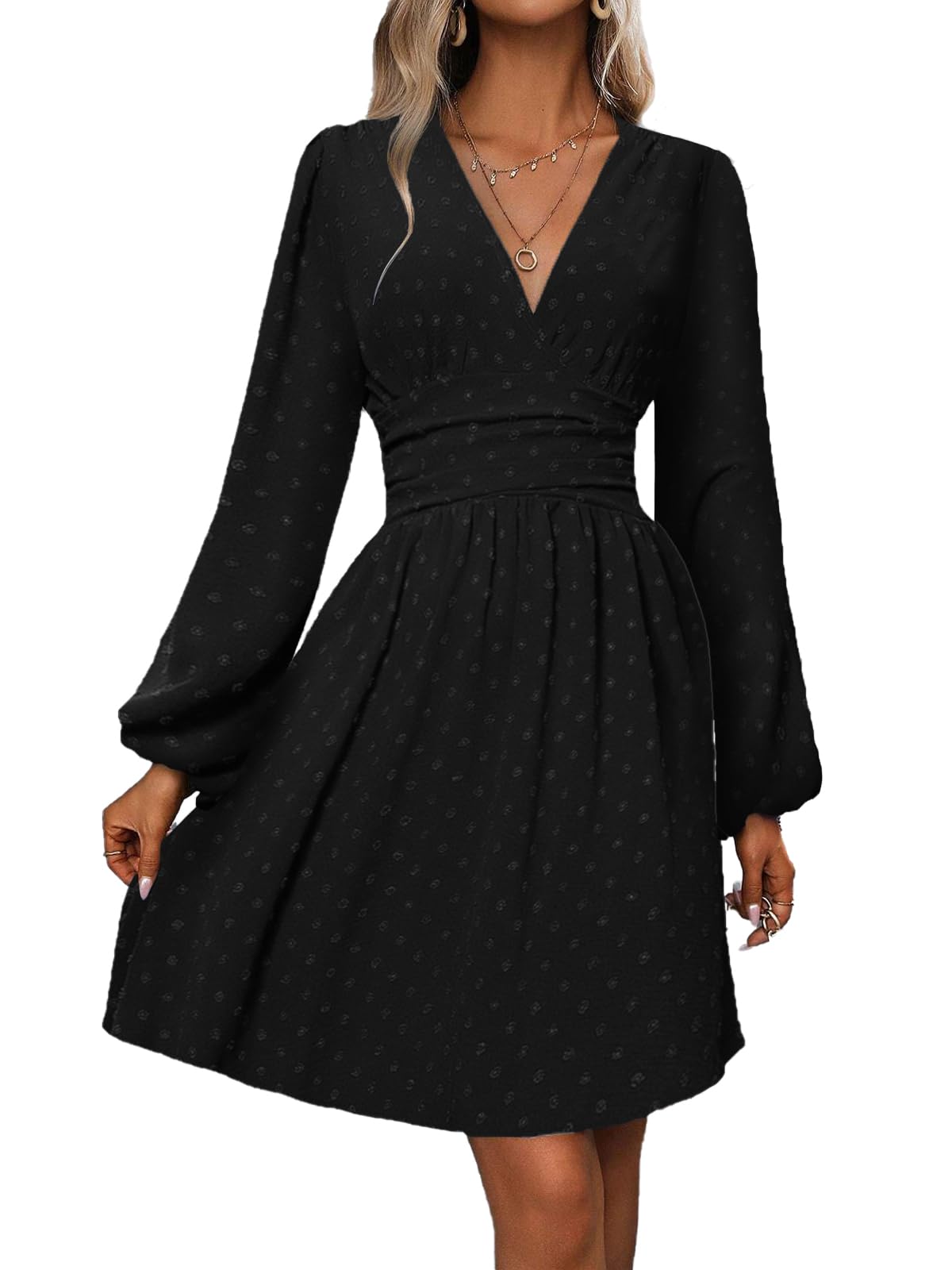LIAMERHE Damen Elegant Kleid Langarm/Kurze Ärmel V-Ausschnitt Casual Kleider A-Linie Blumenmuster Minikleid Freizeitkleider Sommer Herbst Winter Laternenärmeln Kleid Partykleid