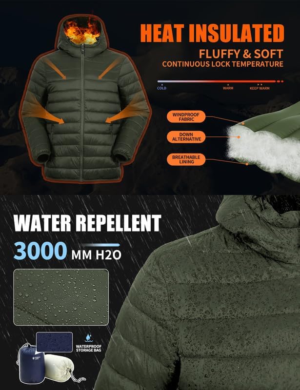 Winter Jacket Men's Packable Outdoor Down Jackets Hooded Jacket Autumn Waterproof Puffer Jacket with 6 Pockets for Running Travel
