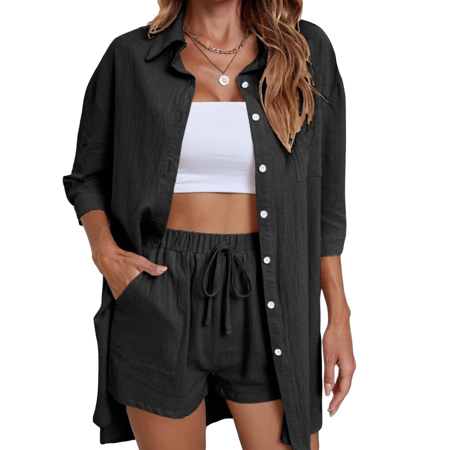 Geagodelia Damen Zweiteiler Elegant Hosenanzug Sommer Outfits Kleidung 2 Teiler Set Bluse Top + Shorts Y2k Aesthetic Clothes Loungewear Anzug