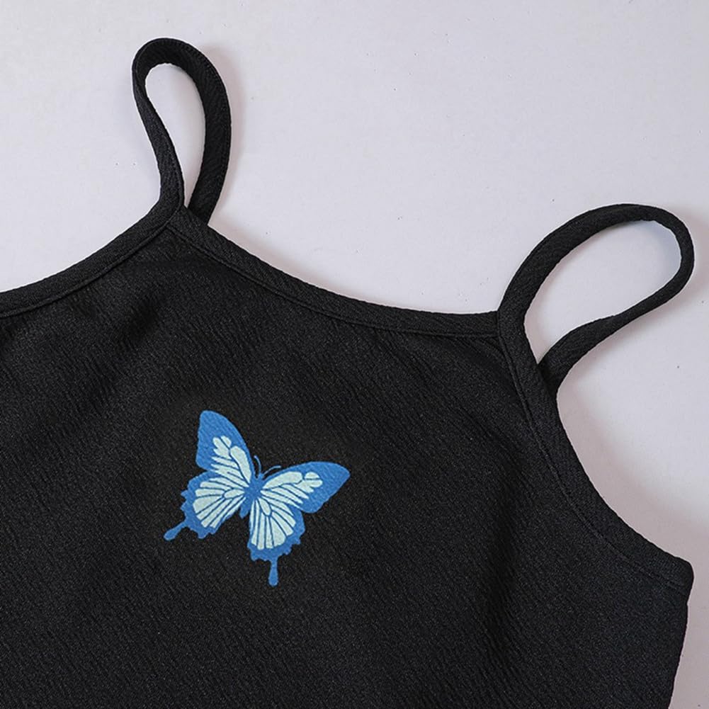 Zweiteiler Mädchen Bekleidungssets Outfit ärmelloses figurbetontes Cami Kleid & langärmliges Oberteil Crop Tops Sommer Teenager Mädchen Schmetterlings Kleider 122,128,134,140,146,152,158,164
