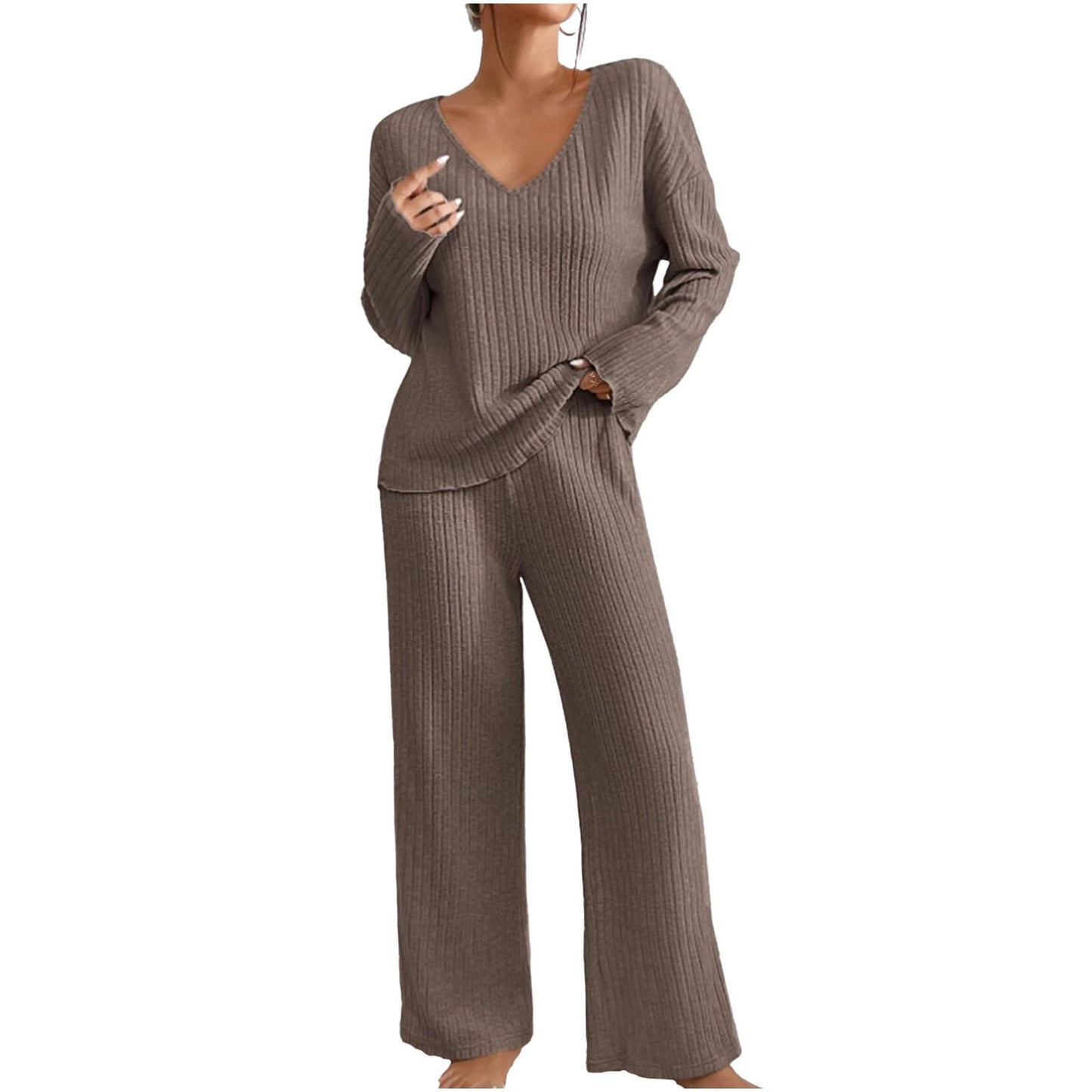 Hausanzug Damen Elegant Gestrickte Loungewear Einfarbig Strickanzug Langarm Schlafanzüge Zweiteiler V-Ausschnitt Homewear Locker Freizeitanzug Outfit Weites Bein Hose mit Taschen Lounge Set