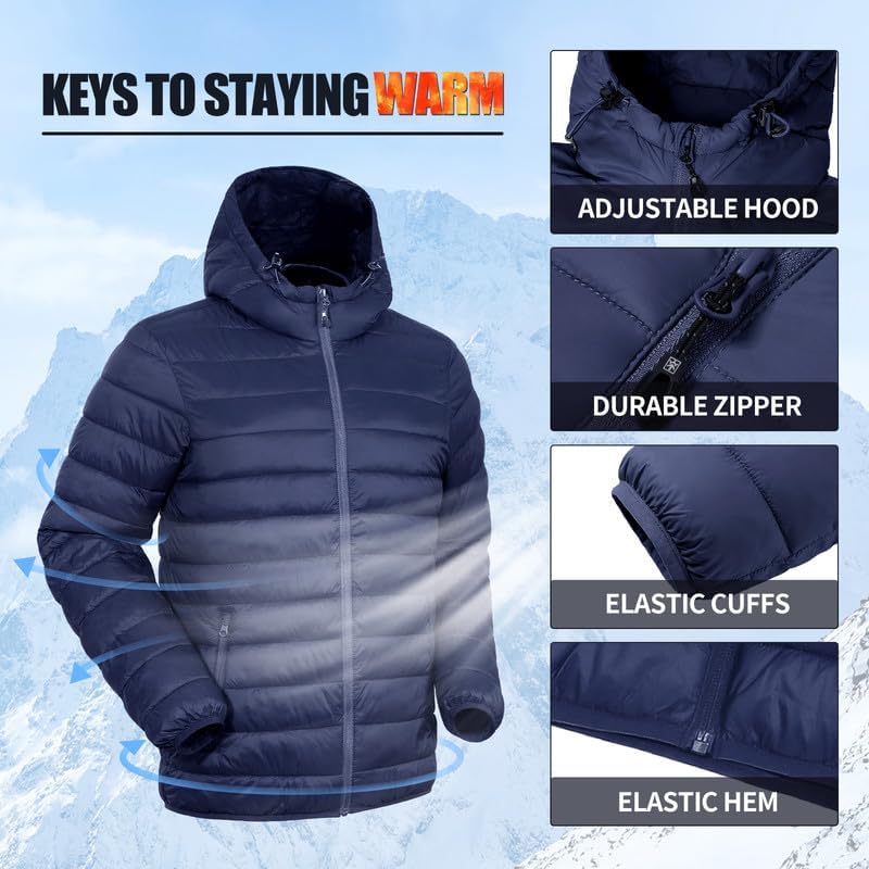 Winter Jacket Men's Packable Outdoor Down Jackets Hooded Jacket Autumn Waterproof Puffer Jacket with 6 Pockets for Running Travel