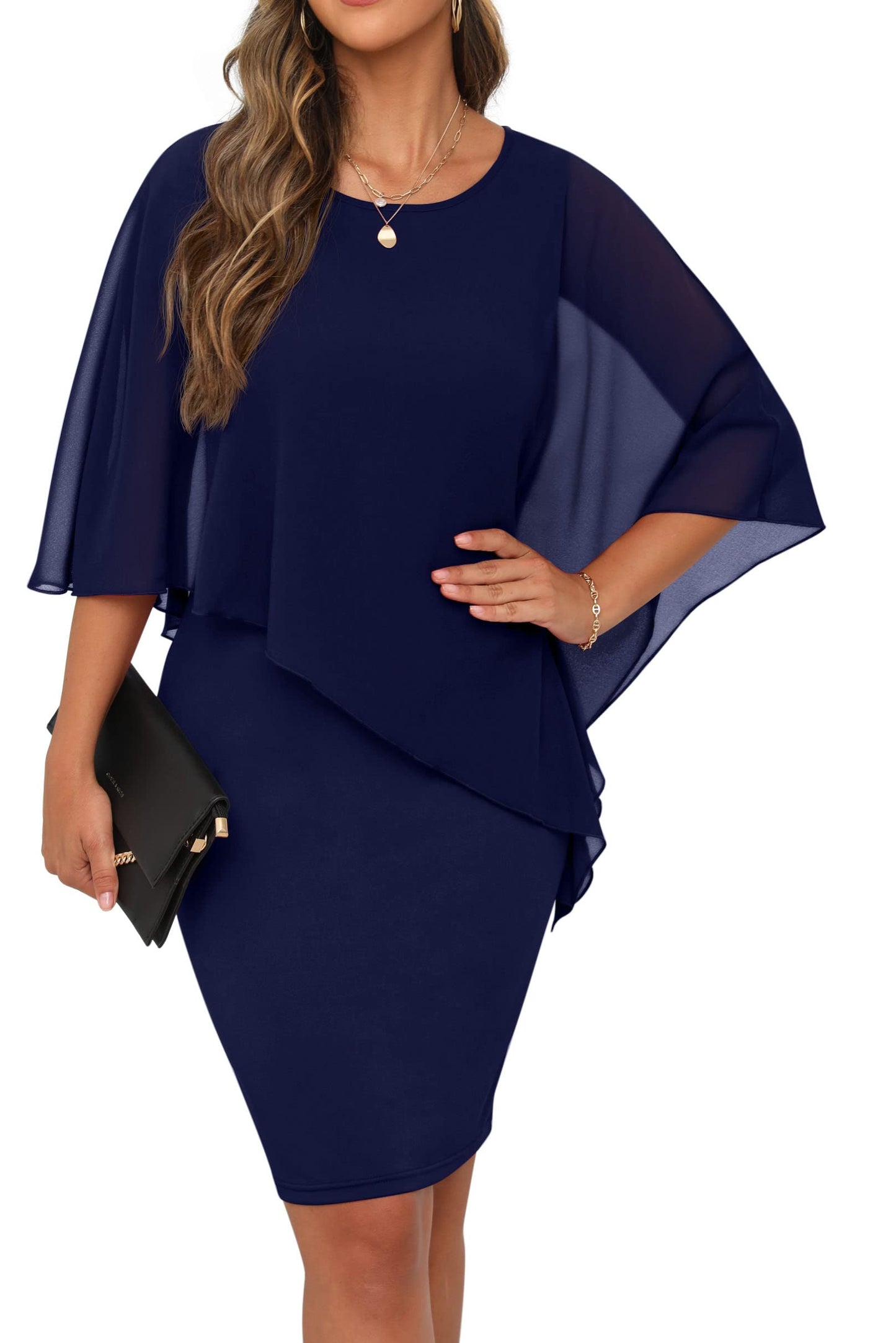 QIXING Damen Chiffon Cape Cocktialkleid Rundhals Ausschnitt Bleistiftkleid Sommerkleid Damen Knielang Elegant Abendkleid Mit Overlay Casual Bodycon Kleider