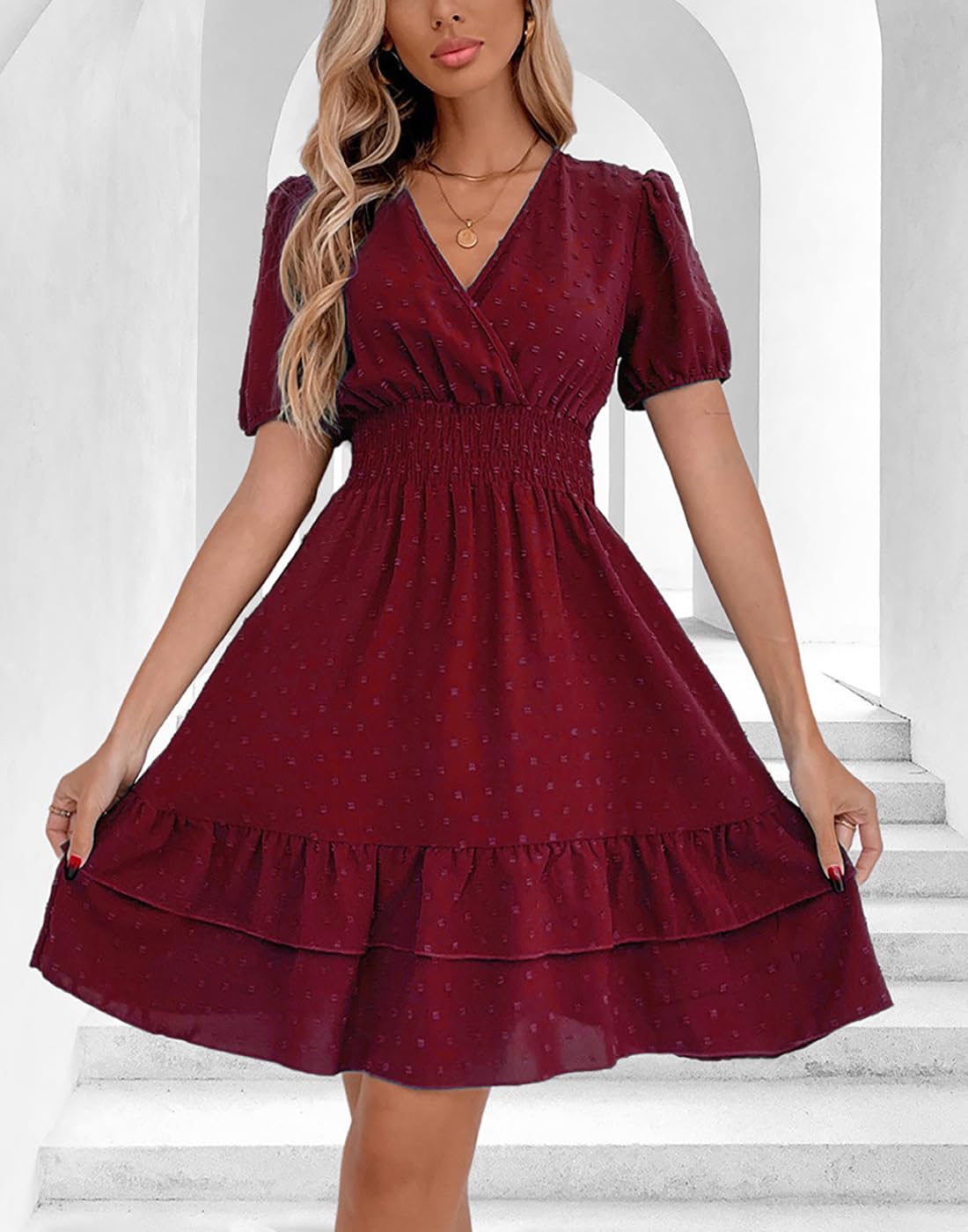 Vangreynve Damen Minikleid V-Ausschnitt A-Linie Kleider Elegant Hohe Taille Langarm Freizeitkleid