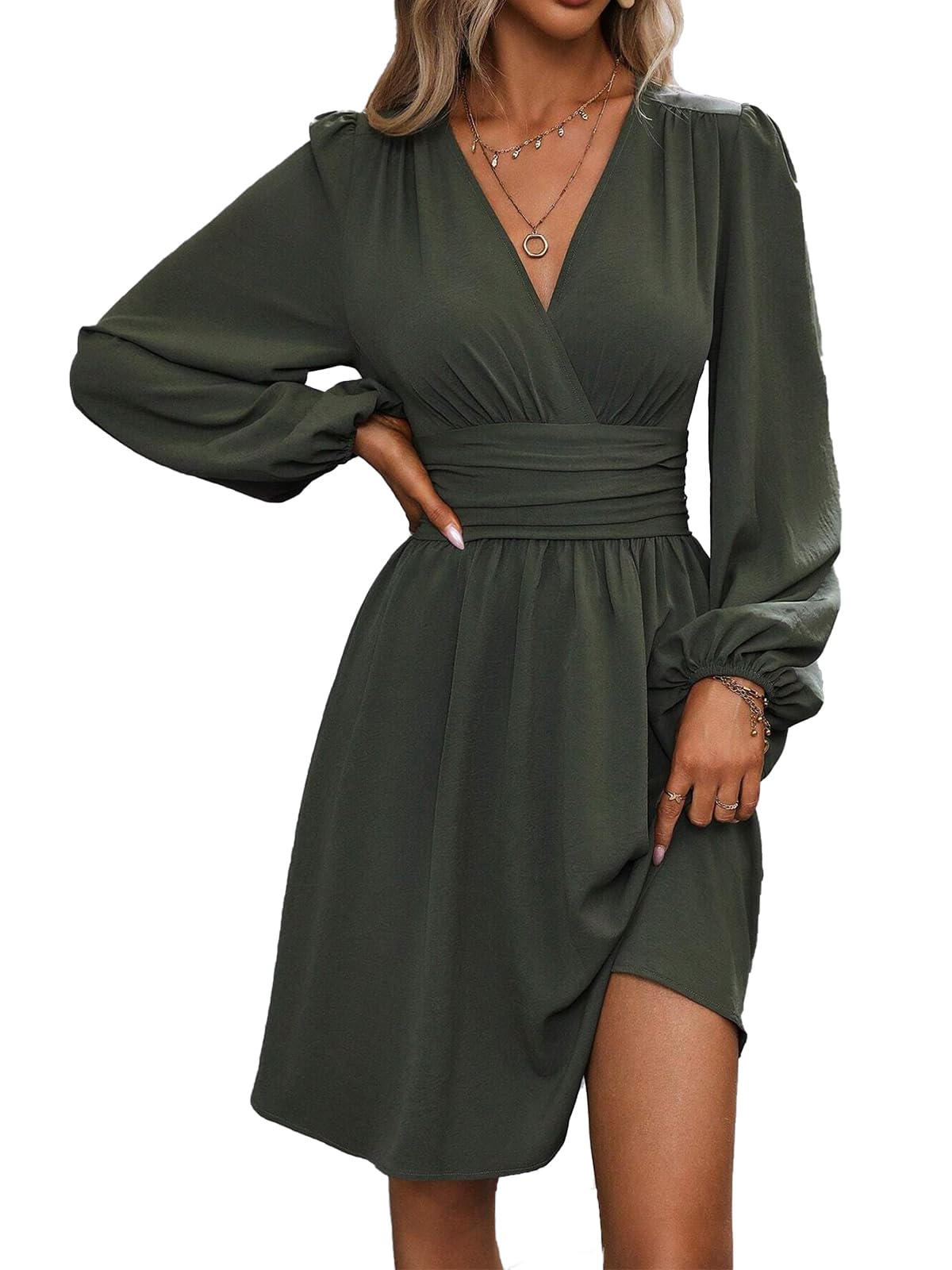 LIAMERHE Damen Elegant Kleid Langarm/Kurze Ärmel V-Ausschnitt Casual Kleider A-Linie Blumenmuster Minikleid Freizeitkleider Sommer Herbst Winter Laternenärmeln Kleid Partykleid