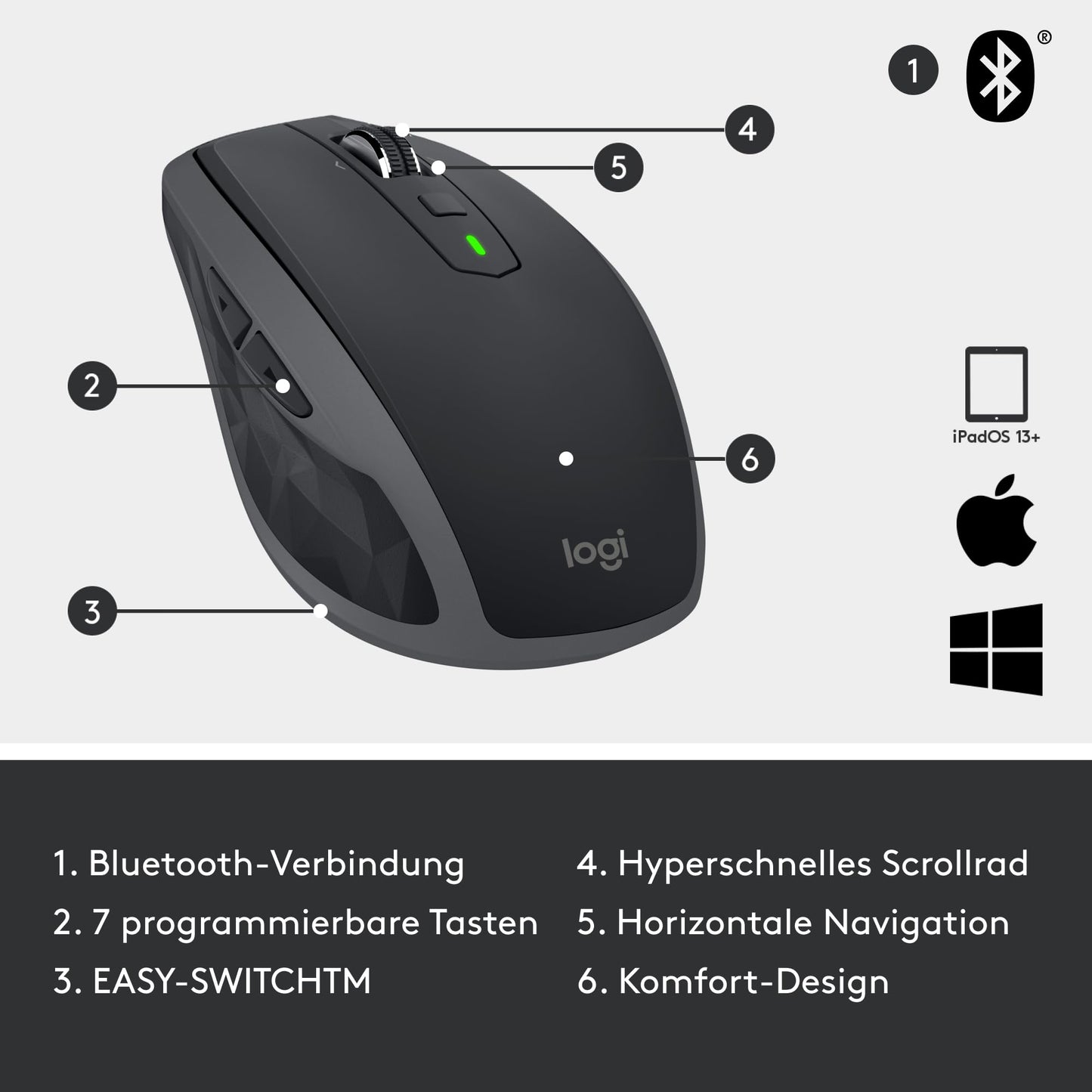 Logitech MX Anywhere 2S Bluetooth Edition kabellose Maus, mehrere Oberflächen, superschnelles Scrollen, aufladbar, mobil, Verbindung zu bis zu 3 Mac/PC-Computern - Graphit