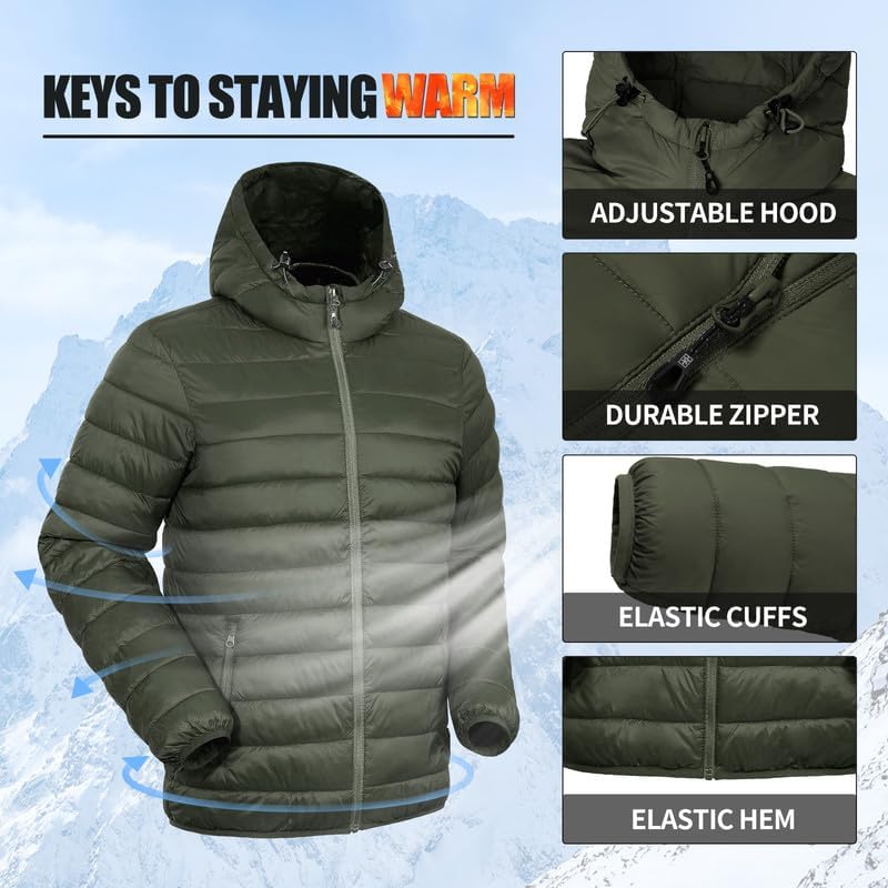 Winter Jacket Men's Packable Outdoor Down Jackets Hooded Jacket Autumn Waterproof Puffer Jacket with 6 Pockets for Running Travel