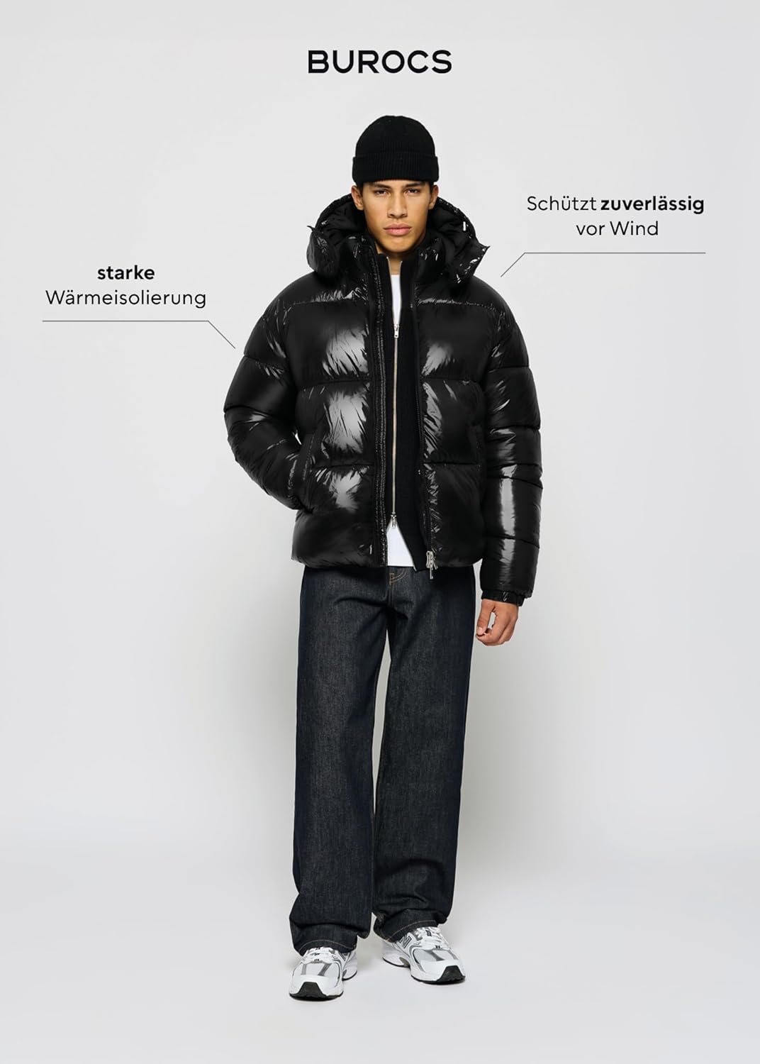 Burocs Hooded Puffer Jacket - Black Glossy - Oversized Herrenjacke - abnehmbare Kapuze - Reißverschluss - Innentasche