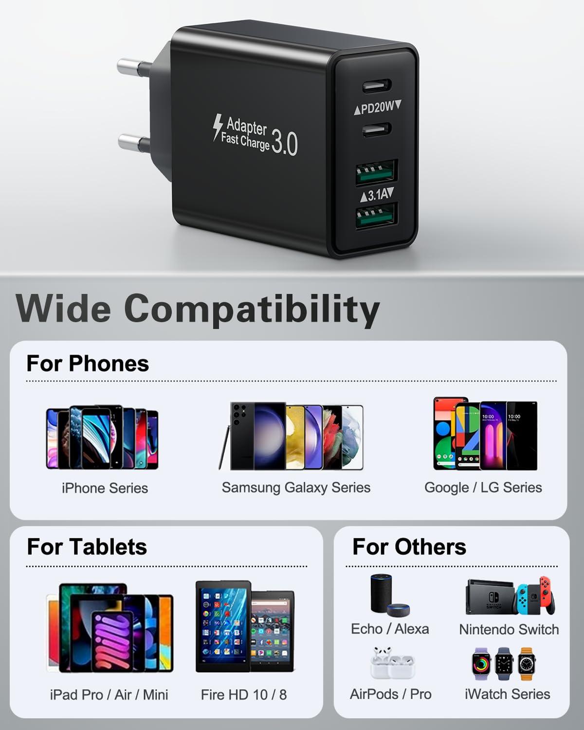 USB C Ladegerät, 40W 4 Ports Stecker USB Schnellladegerät, Mehrfach Ladegerät mit Power Adapter USB C Fast Charger USB Netzteil Ladegerät für iPhone 16 15 14 13 12 11 Pro Max, iPad, Samsung,Handys