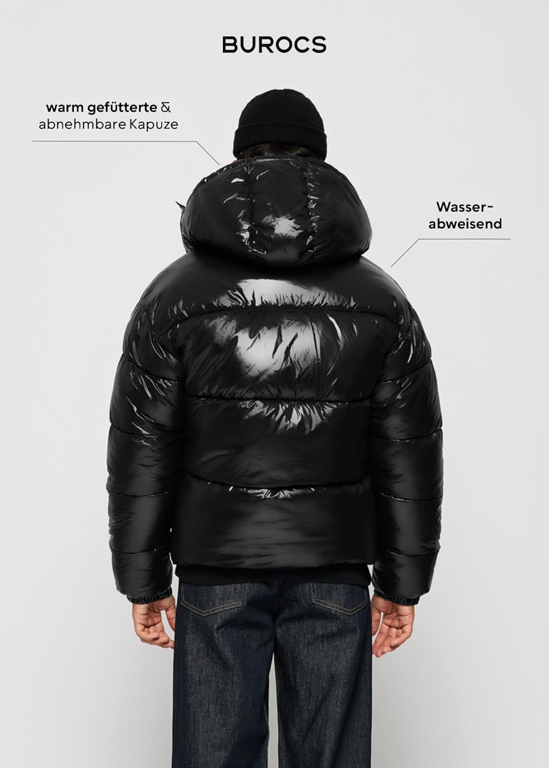 Burocs Hooded Puffer Jacket - Black Glossy - Oversized Herrenjacke - abnehmbare Kapuze - Reißverschluss - Innentasche