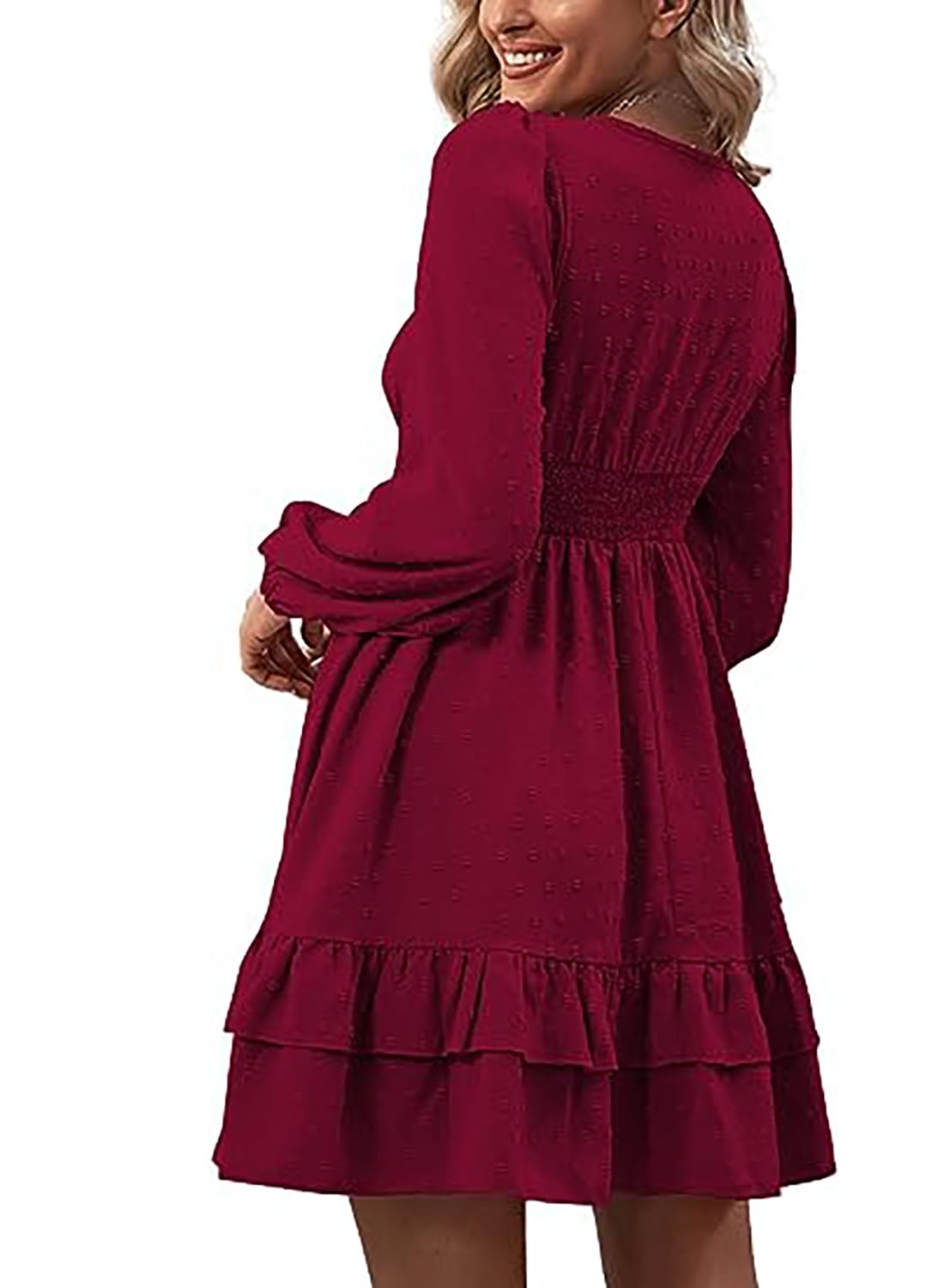 Vangreynve Damen Minikleid V-Ausschnitt A-Linie Kleider Elegant Hohe Taille Langarm Freizeitkleid