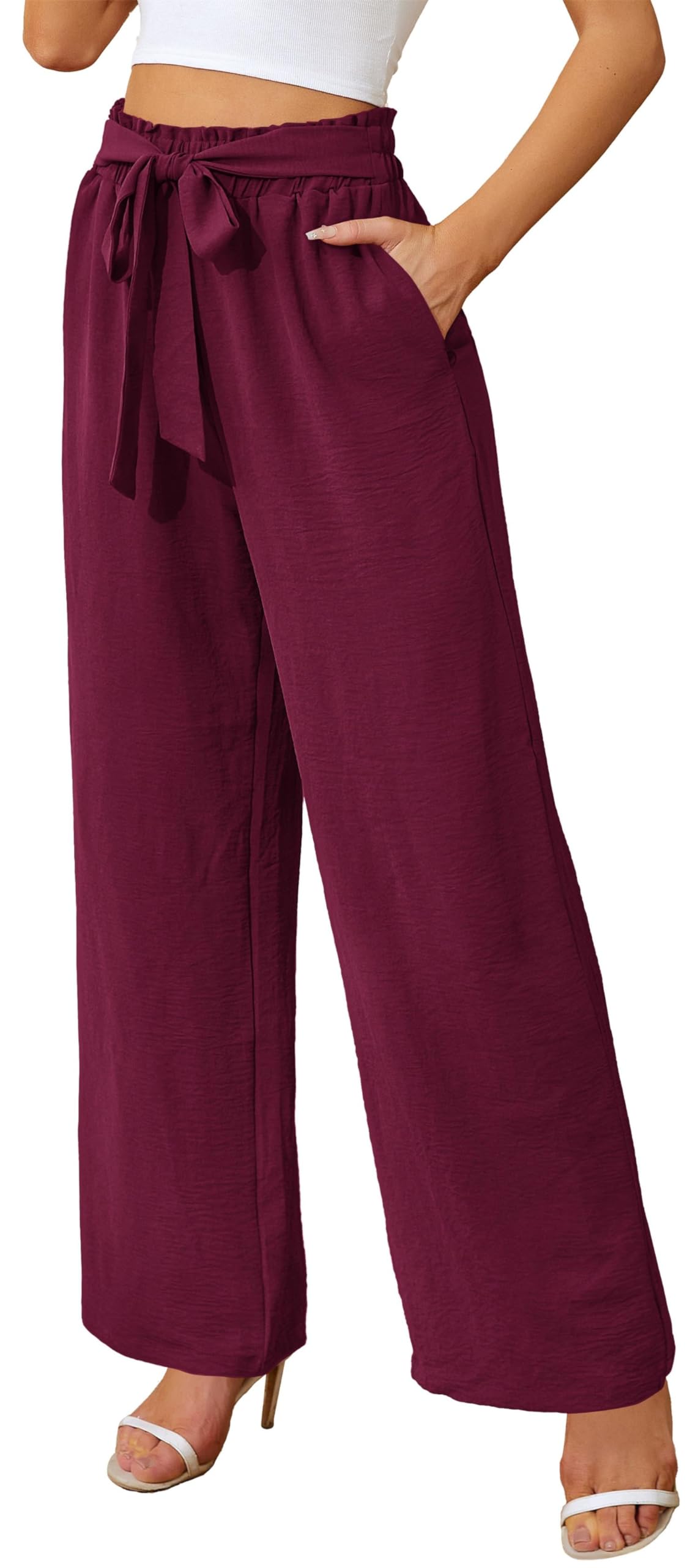 Actcat Damen Hose mit weitem Bein Leicht und Elegant Elastischer Bund Sommerhose mit Taschen für Legere Arbeit Geeignet