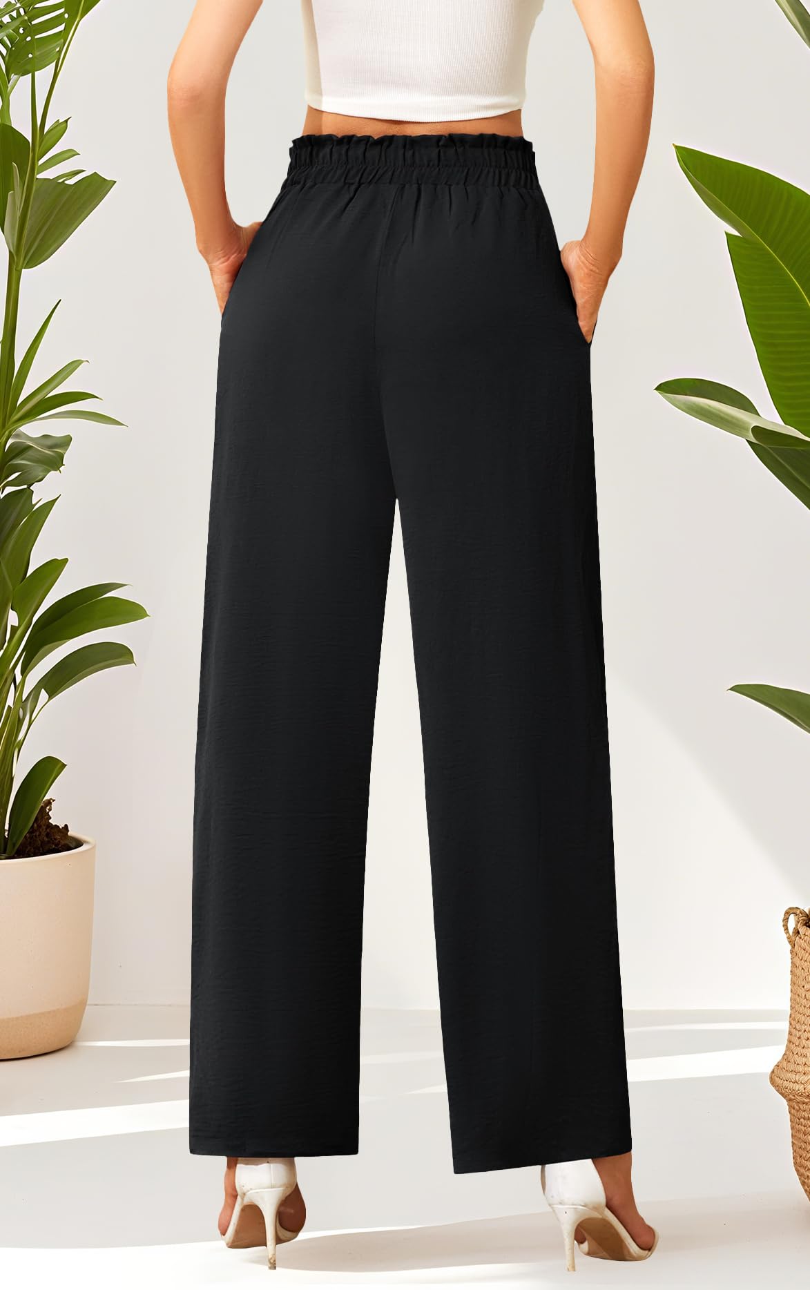 Actcat Damen Hose mit weitem Bein Leicht und Elegant Elastischer Bund Sommerhose mit Taschen für Legere Arbeit Geeignet