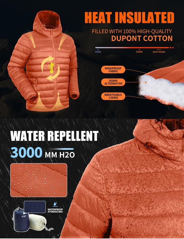 Winter Jacket Men's Packable Outdoor Down Jackets Hooded Jacket Autumn Waterproof Puffer Jacket with 6 Pockets for Running Travel