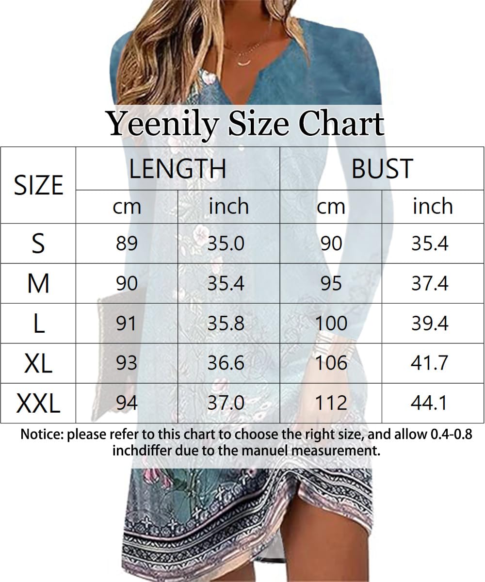 Yeenily Damen Bohemian Langarm Kleid V-Ausschnitt Blumenmuster Tunikakleider A Linien Lose Lässiges MiniKleid Freizeitkleid