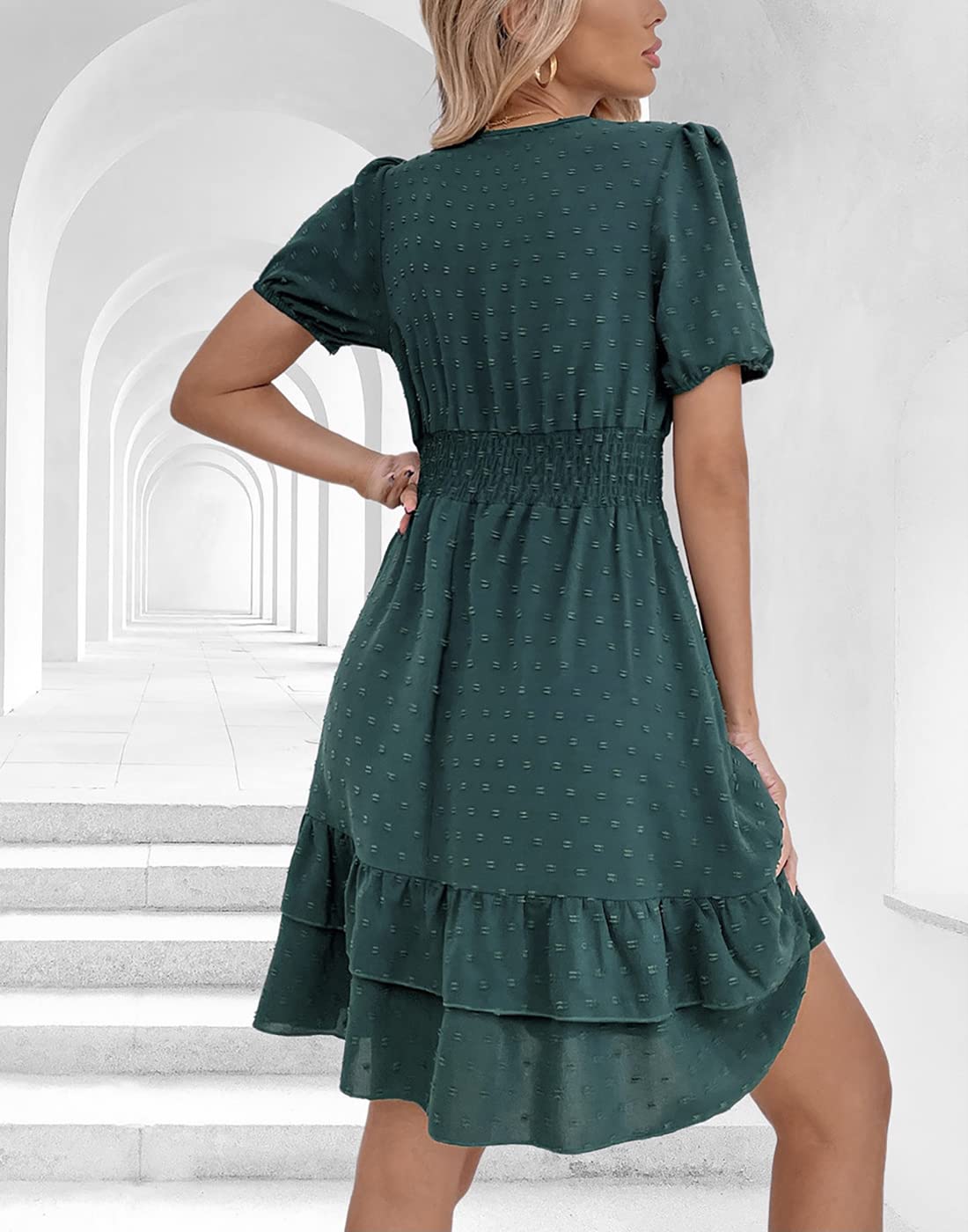 Vangreynve Damen Minikleid V-Ausschnitt A-Linie Kleider Elegant Hohe Taille Langarm Freizeitkleid