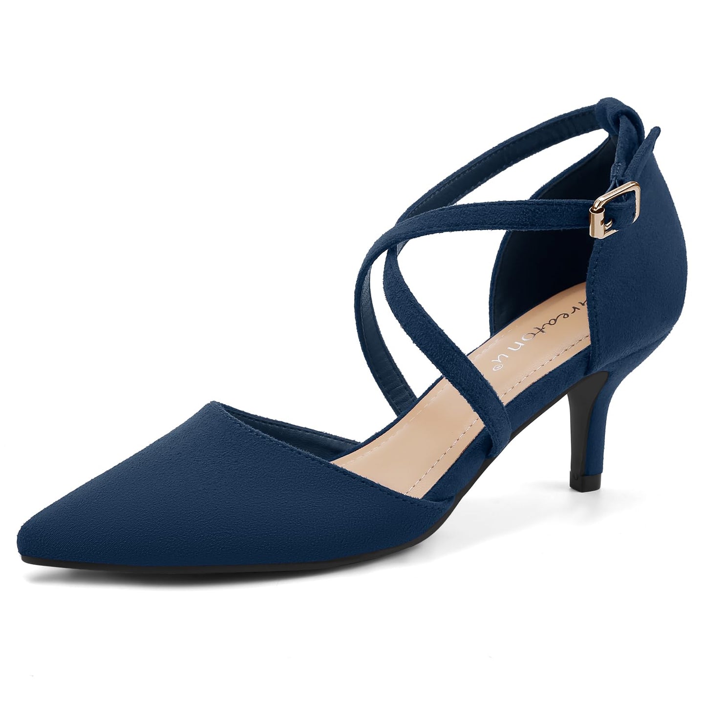 Greatonu Women's Pointed Toe Court Shoes with Ankle Strap and Kitten Heel