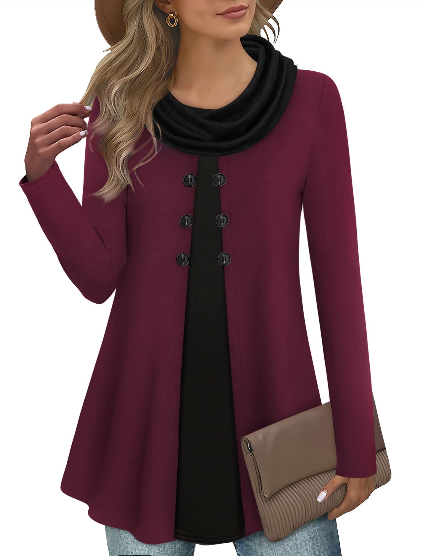 Gaharu Damen Tunika Langarm Elegant Pullover Lang Sweatshirt Schalkragen Patchwork Pulli