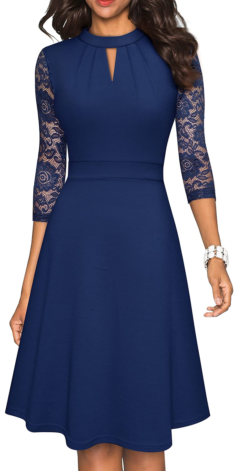 HOMEYEE Damen Elegant Hollow Out Spitze Swing Retro Party Cocktailkleid A234