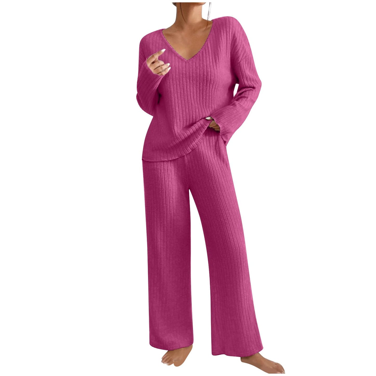 Hausanzug Damen Elegant Gestrickte Loungewear Einfarbig Strickanzug Langarm Schlafanzüge Zweiteiler V-Ausschnitt Homewear Locker Freizeitanzug Outfit Weites Bein Hose mit Taschen Lounge Set