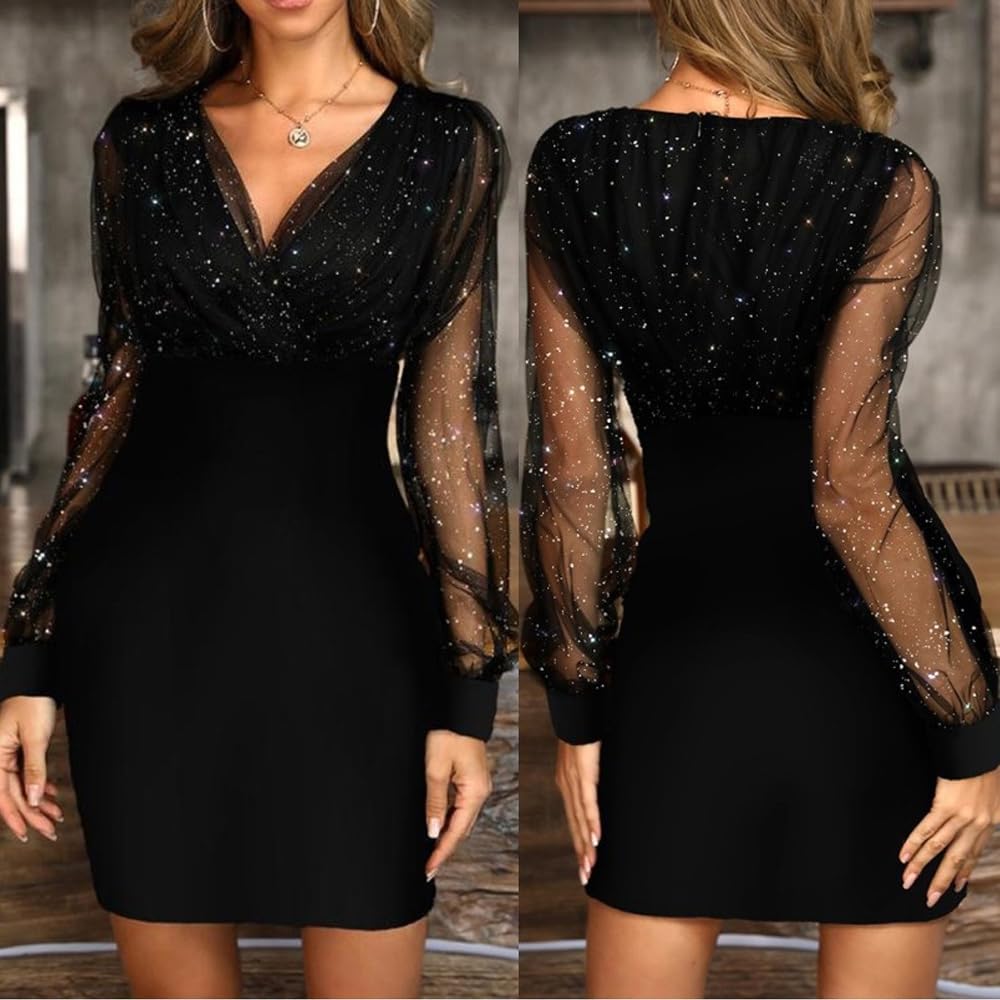 Mini Langarm Kleid Damen Elegante Pailletten Kleid Kurze Eng Spitzen Kleider Abendkleid Damen Figurbetontes Lange Ärmel Partykleid Moden Hohe Taille Wickelkleider