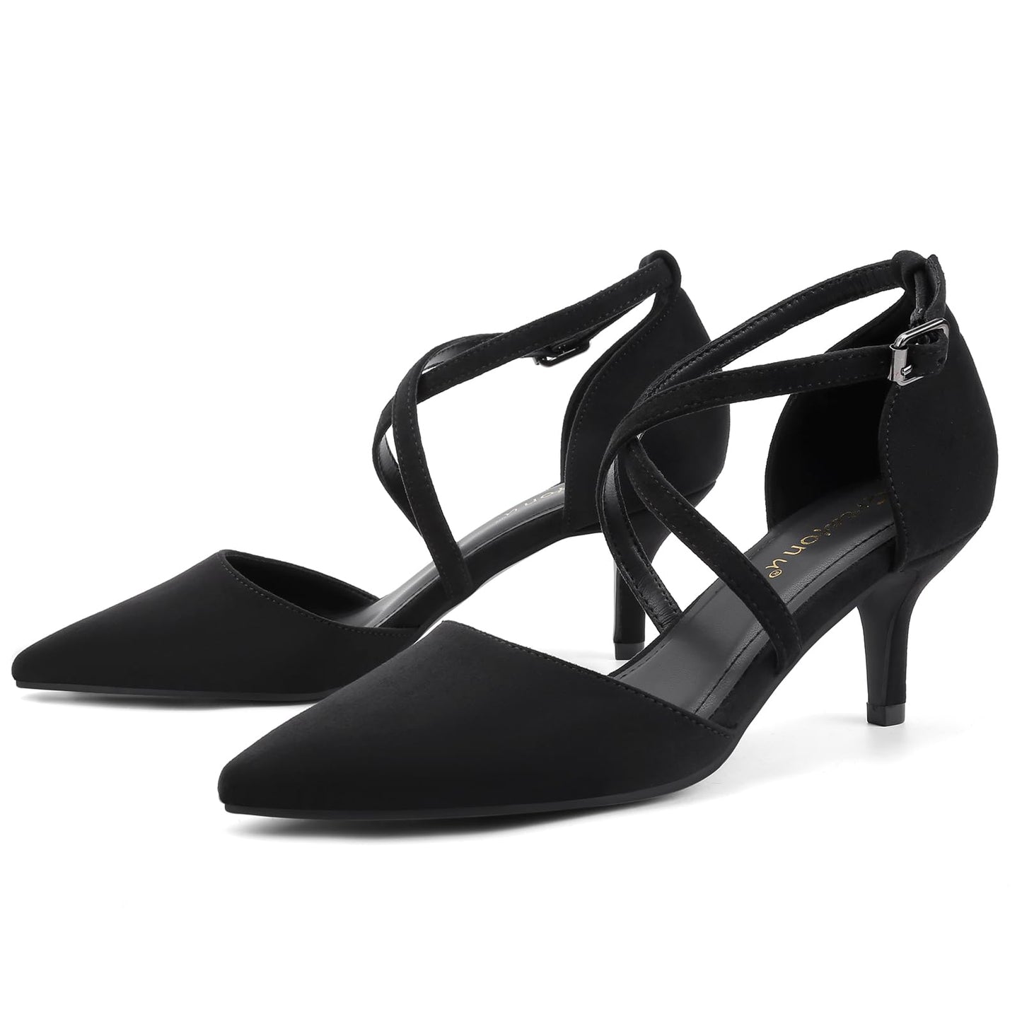 Greatonu Women's Pointed Toe Court Shoes with Ankle Strap and Kitten Heel