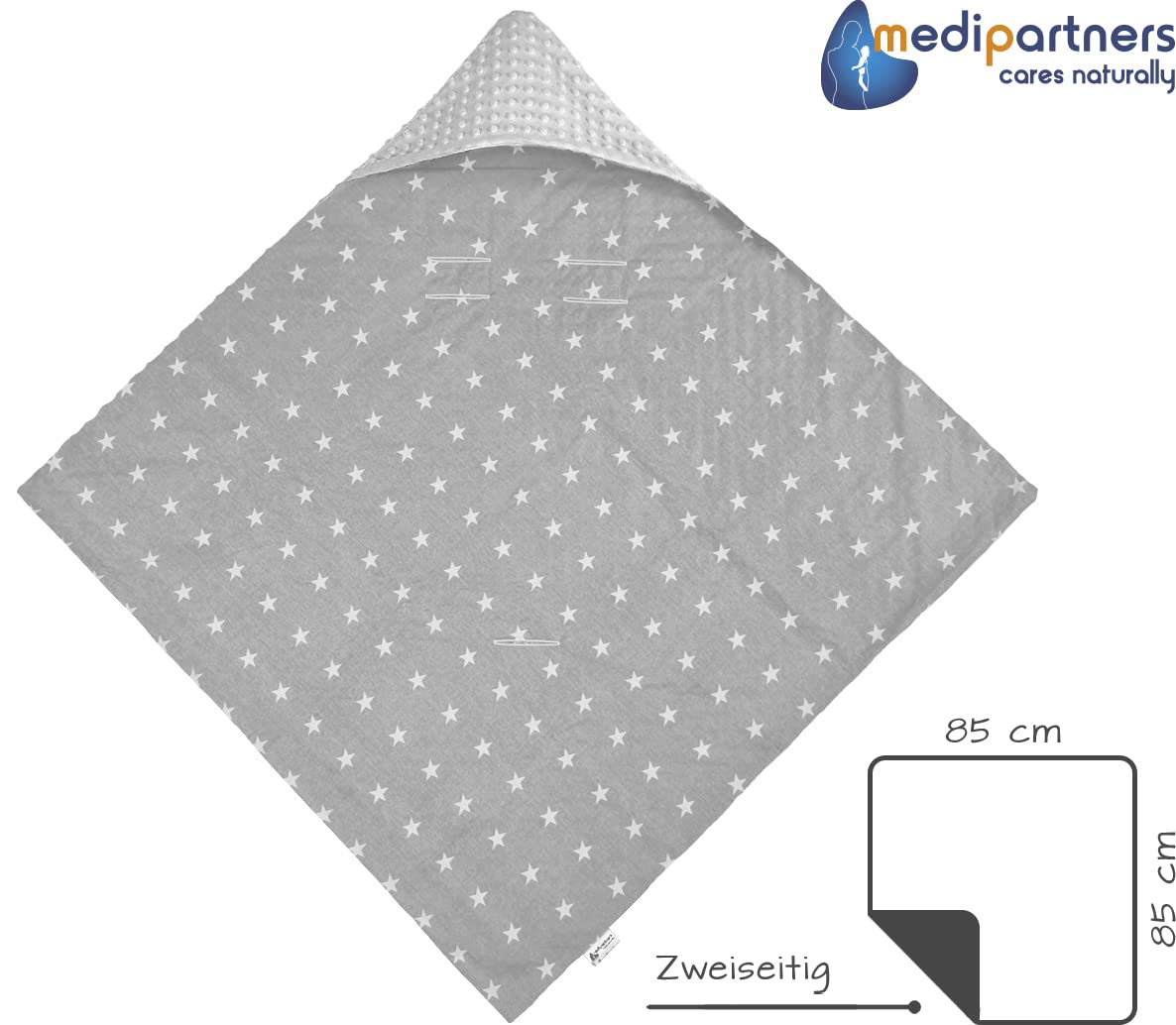 Medi Partners Einschlagdecke Baby Babyschale 100% Baumwolle für Sommer 85x85cm Kinderwagen Kuscheldecke universal Baby Decke Einschlagdecken Babydecke Buggy Autositz (weiße Sterne mit grauen Minky