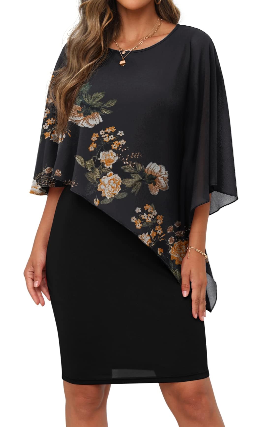 QIXING Damen Chiffon Cape Cocktialkleid Rundhals Ausschnitt Bleistiftkleid Sommerkleid Damen Knielang Elegant Abendkleid Mit Overlay Casual Bodycon Kleider