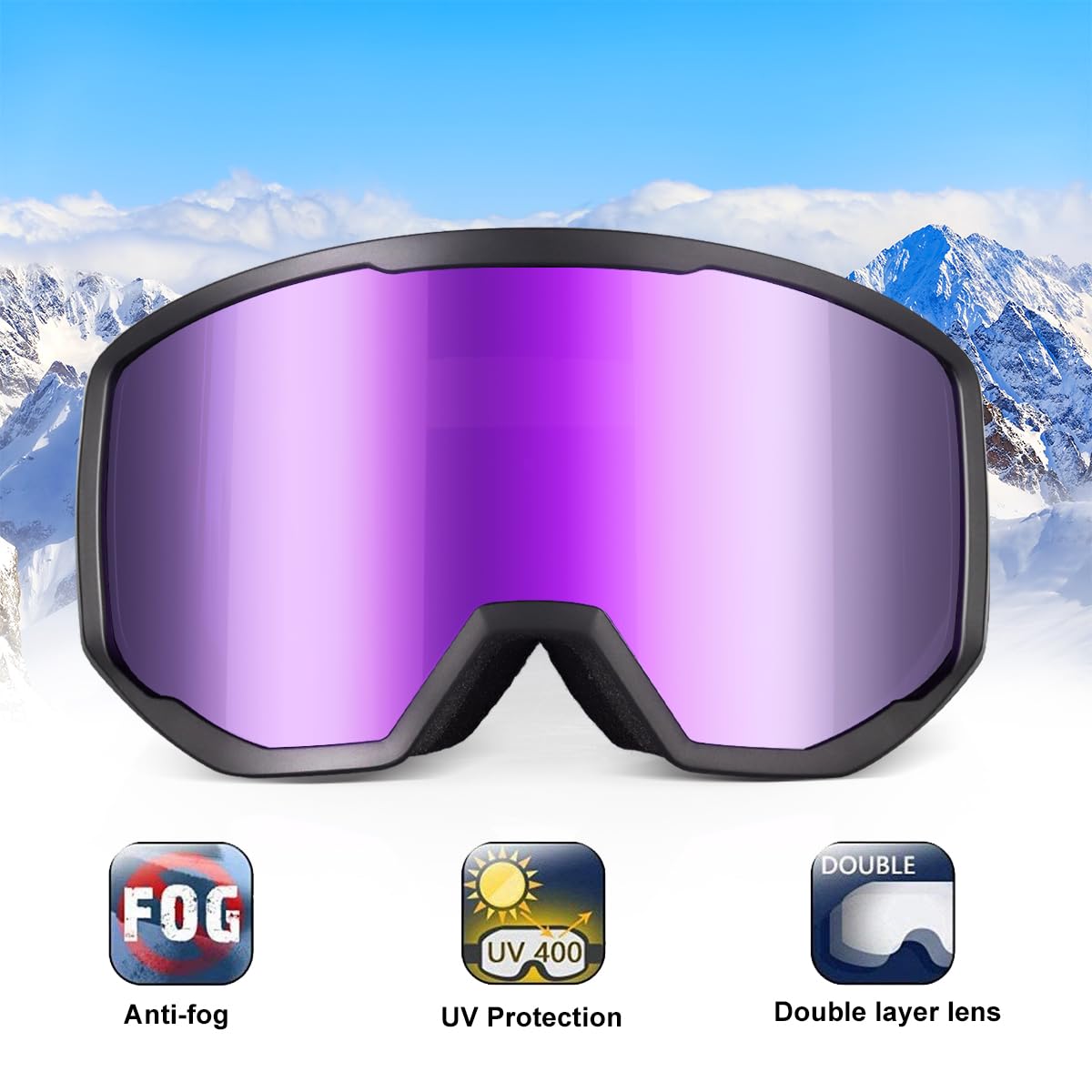 EXP Vision Unisex Ski Goggles, OTG for Men and Women, Snowboard Goggles, Snow Goggles, 100% UV Protection Ski Goggles for Glasses Wearers, Anti-Fog Snowboard Goggles, Ski Goggles