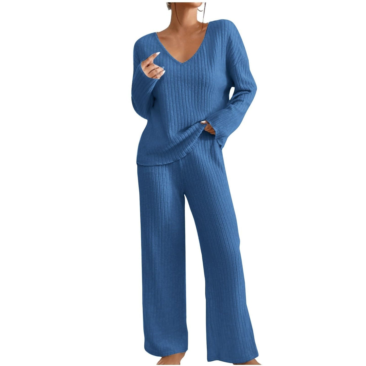 Hausanzug Damen Elegant Gestrickte Loungewear Einfarbig Strickanzug Langarm Schlafanzüge Zweiteiler V-Ausschnitt Homewear Locker Freizeitanzug Outfit Weites Bein Hose mit Taschen Lounge Set