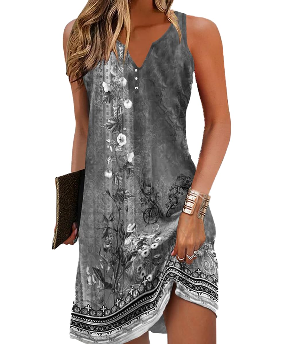 Yeenily Damen Bohemian Langarm Kleid V-Ausschnitt Blumenmuster Tunikakleider A Linien Lose Lässiges MiniKleid Freizeitkleid