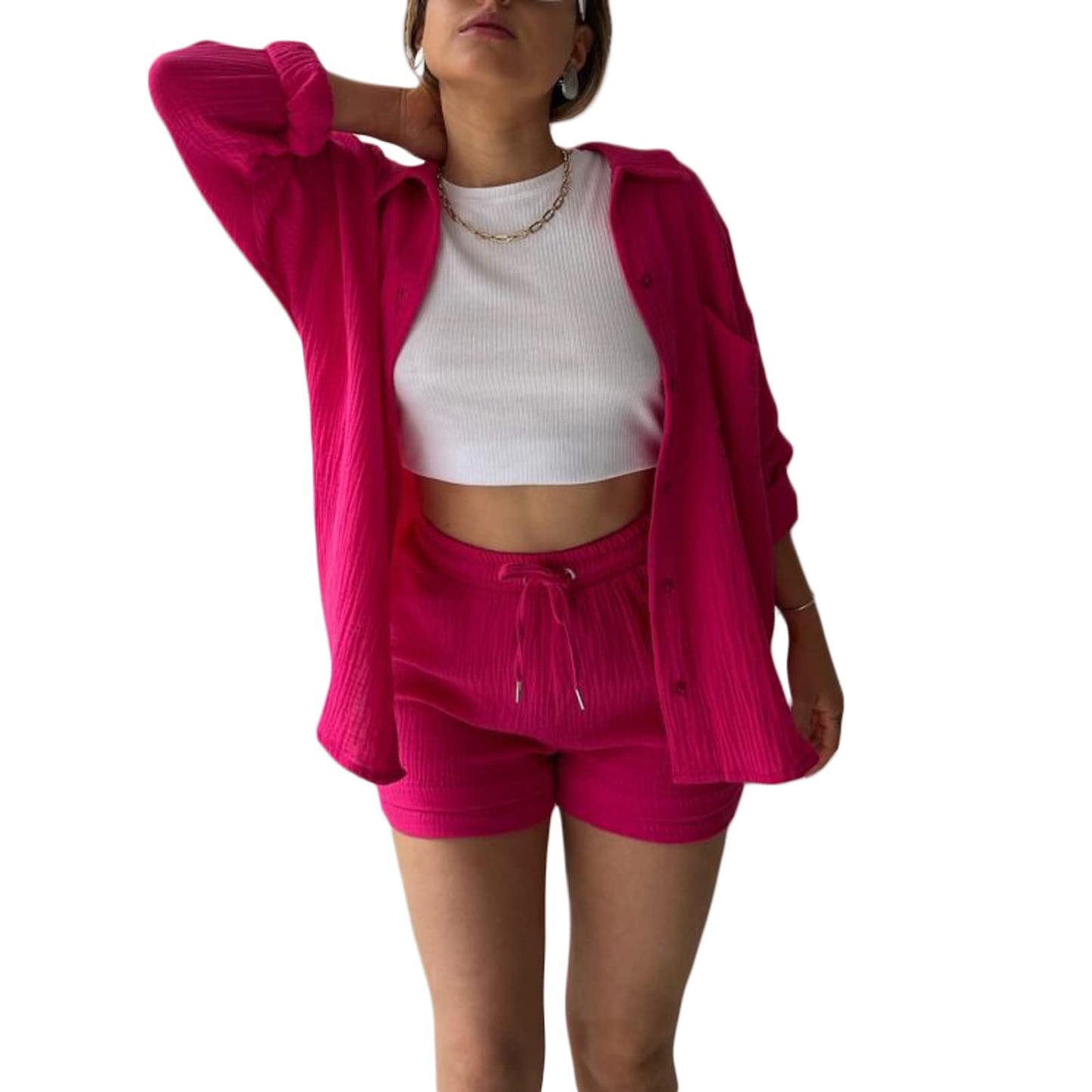 Geagodelia Damen Zweiteiler Elegant Hosenanzug Sommer Outfits Kleidung 2 Teiler Set Bluse Top + Shorts Y2k Aesthetic Clothes Loungewear Anzug
