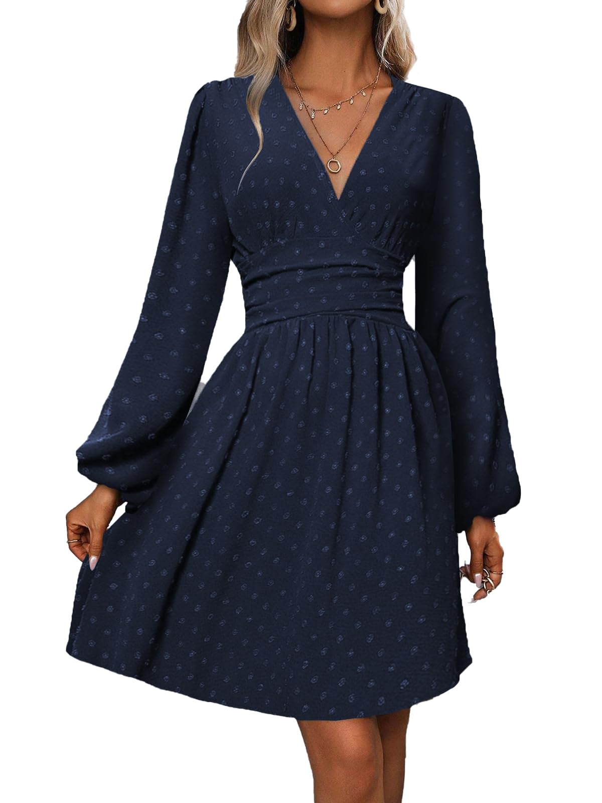 LIAMERHE Damen Elegant Kleid Langarm/Kurze Ärmel V-Ausschnitt Casual Kleider A-Linie Blumenmuster Minikleid Freizeitkleider Sommer Herbst Winter Laternenärmeln Kleid Partykleid
