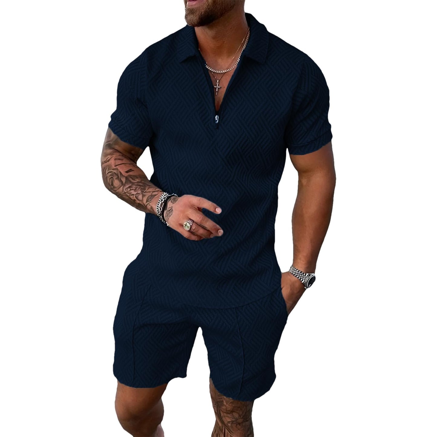 Herren Sportanzug Sommer Trainingsanzug Kurzarm Reißverschluss Top und Shorts Kleidung Set