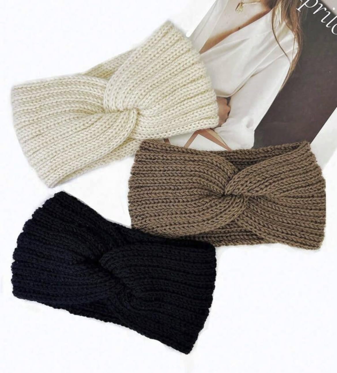 Women's Winter Headband, Women's Knitted Headband Wide, Ear Warmers, Thick Headbands, Girls, Knitted Headwrap Headband, Elastic, Pack of 3