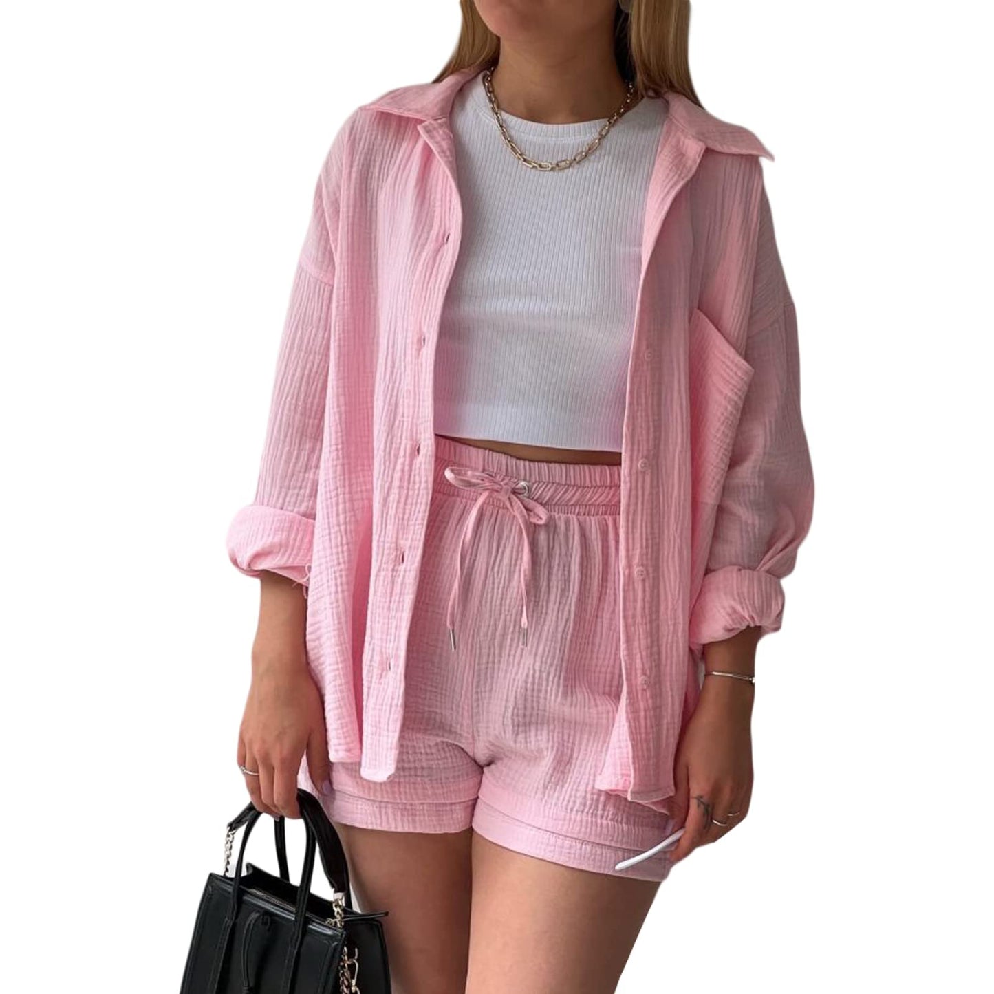 Geagodelia Damen Zweiteiler Elegant Hosenanzug Sommer Outfits Kleidung 2 Teiler Set Bluse Top + Shorts Y2k Aesthetic Clothes Loungewear Anzug