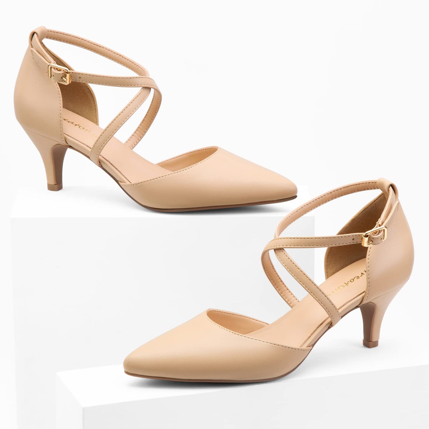 Greatonu Women's Pointed Toe Court Shoes with Ankle Strap and Kitten Heel