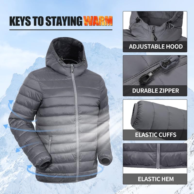 Winter Jacket Men's Packable Outdoor Down Jackets Hooded Jacket Autumn Waterproof Puffer Jacket with 6 Pockets for Running Travel