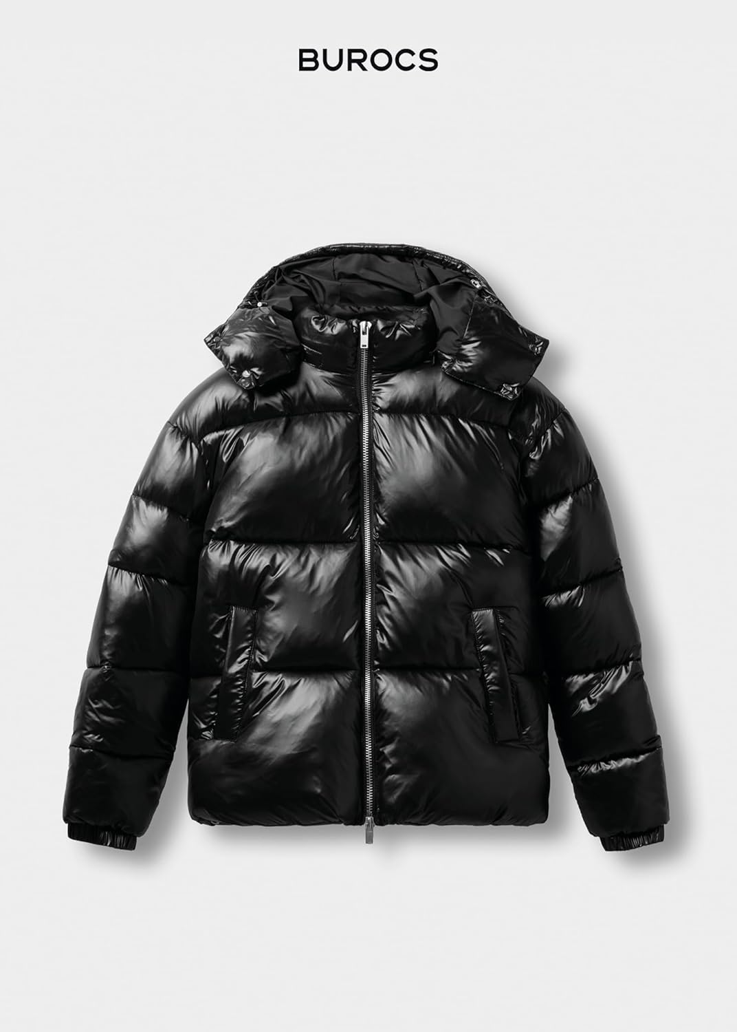 Burocs Hooded Puffer Jacket - Black Glossy - Oversized Herrenjacke - abnehmbare Kapuze - Reißverschluss - Innentasche