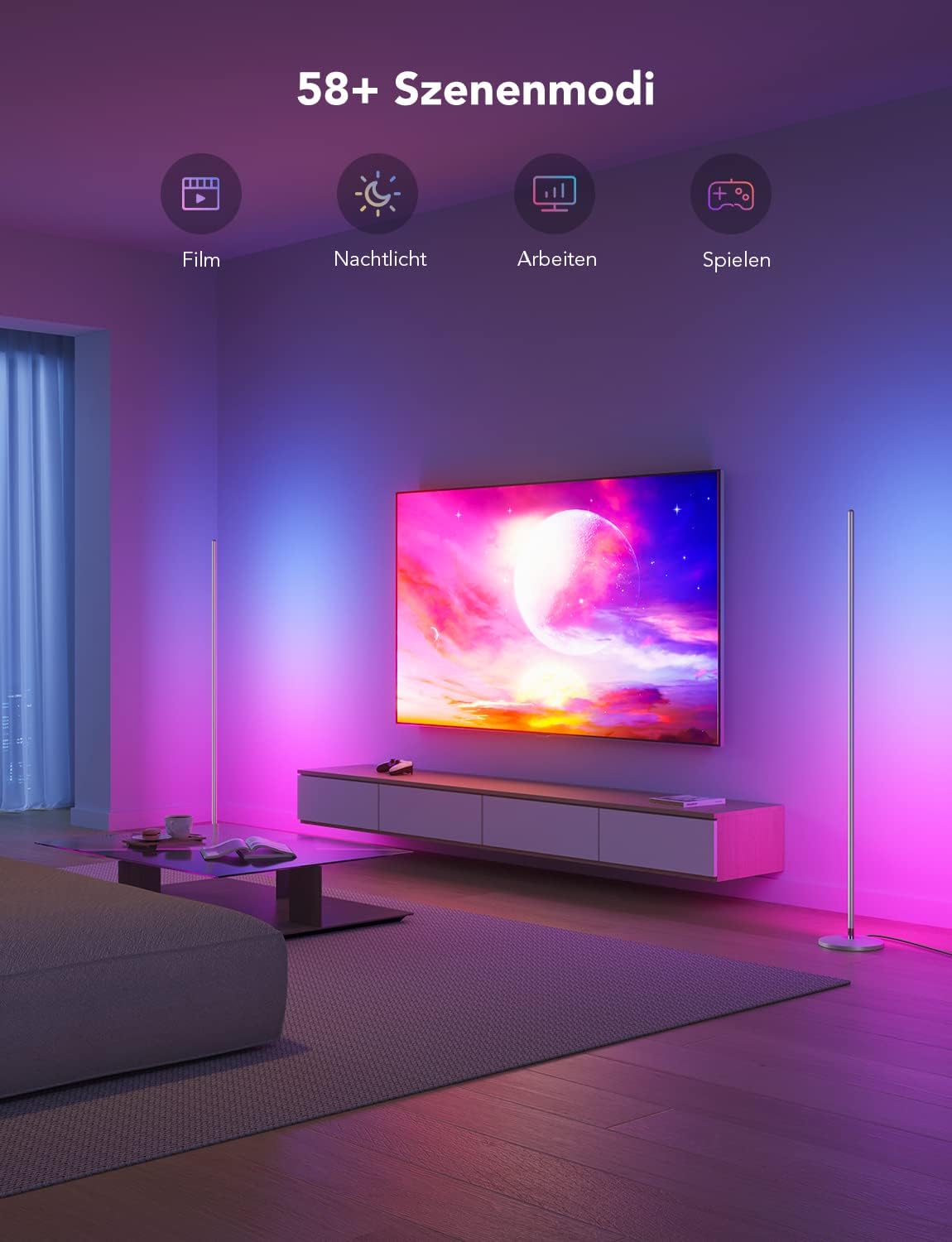 Govee RGBIC LED Stehlampe Wohnzimmer, WiFi Stehlampe Dimmbar, Arbeiten Sie mit Alexa und Google Assistant, 16 Millionen Farben, 58 Szenenmodi, Musikmodi, DIY-Modus für Schlafzimmer Gaming, Schwarz