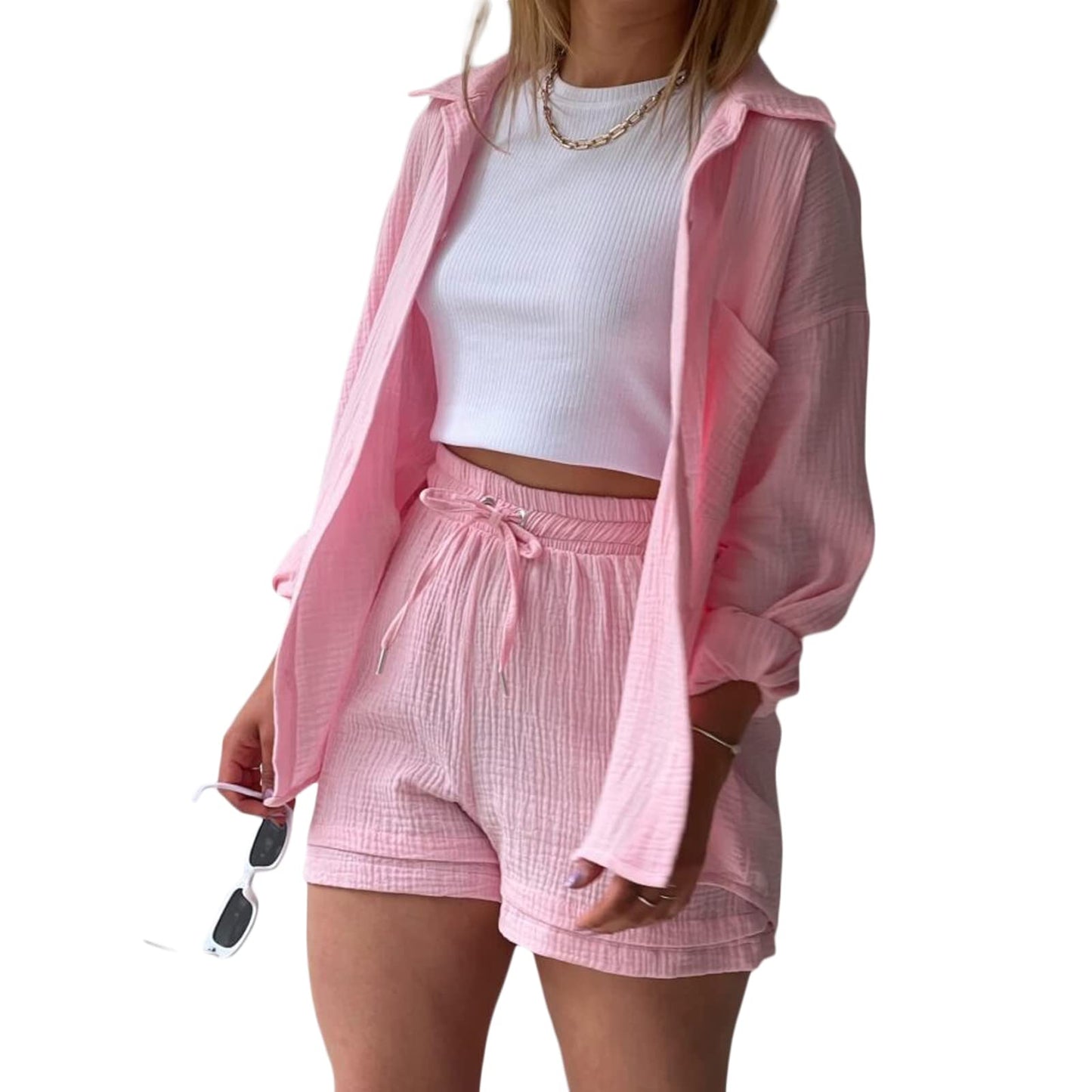 Geagodelia Damen Zweiteiler Elegant Hosenanzug Sommer Outfits Kleidung 2 Teiler Set Bluse Top + Shorts Y2k Aesthetic Clothes Loungewear Anzug