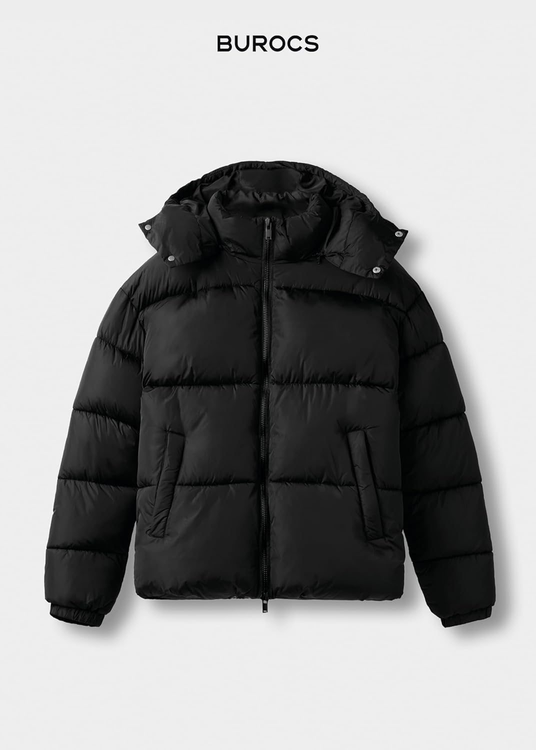 Burocs Hooded Puffer Jacket - Black Glossy - Oversized Herrenjacke - abnehmbare Kapuze - Reißverschluss - Innentasche
