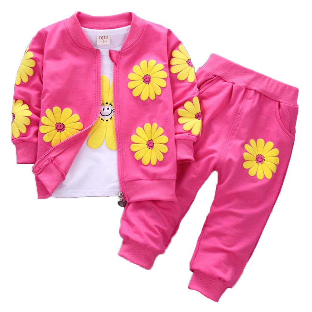 Yao 1-5 Jahre Kleinkind & kleine Mädchen Blumen drucken 3-teilige Sets Reißverschluss Jacke Langarm Rundhals T-Shirt und Hose