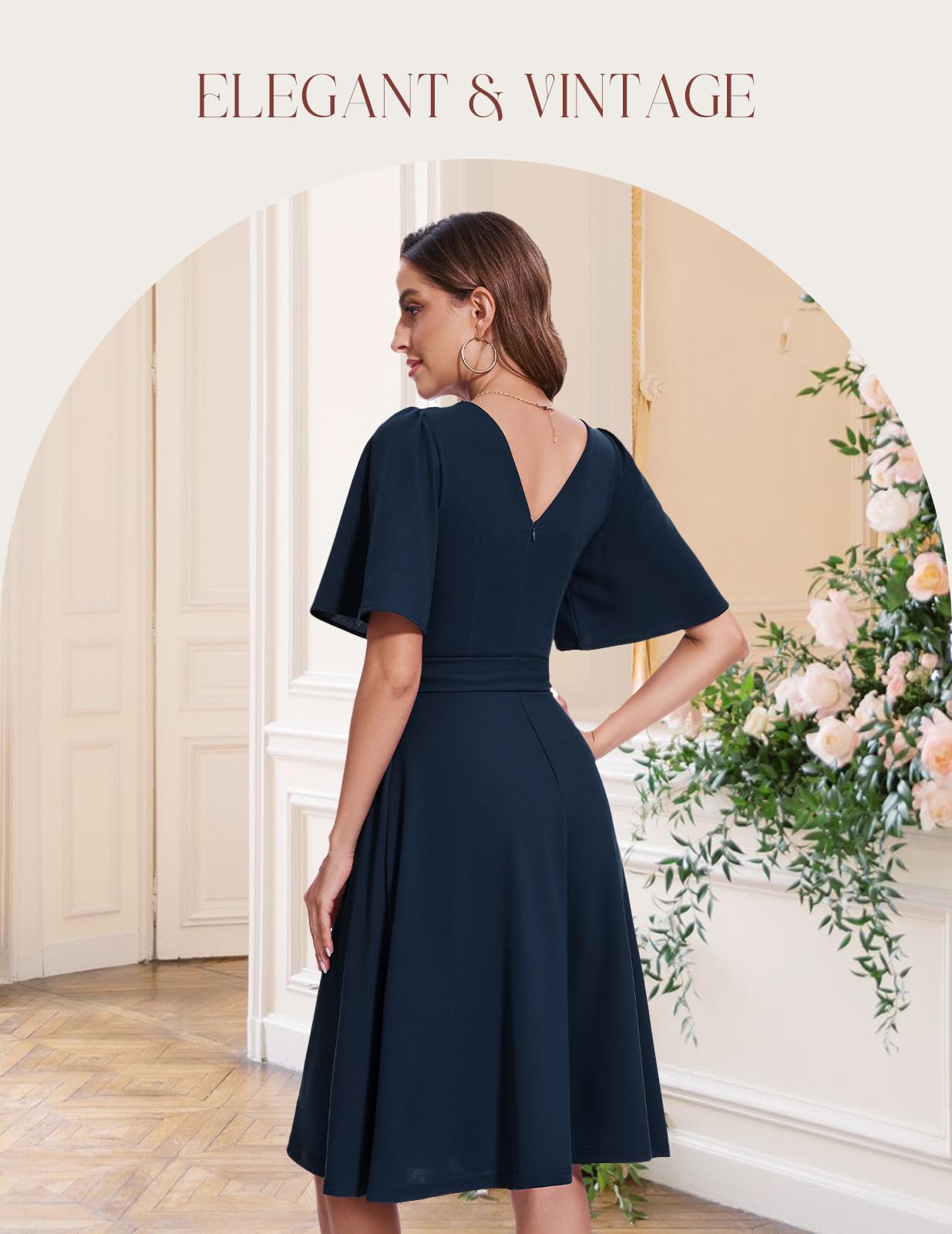 Bbonlinedress Cocktailkleid Damen Kurzarm midilang festlichs Kleid mit Gürtel Abendkleider elegant für Hochzeit Partykleider