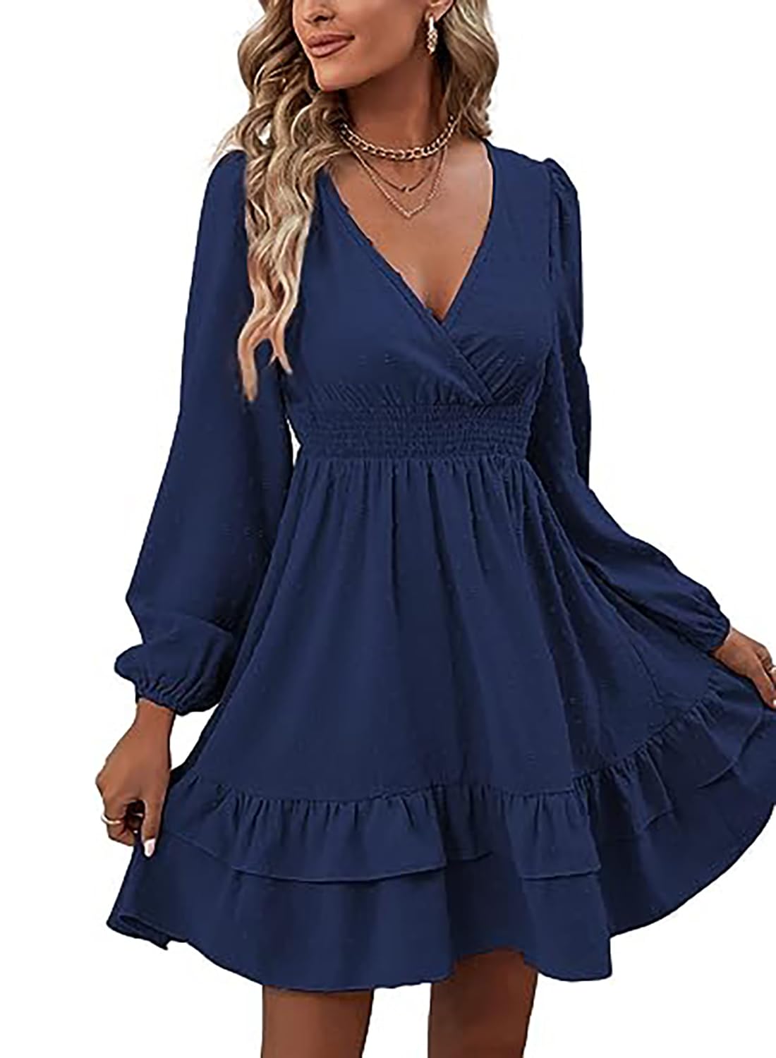 Vangreynve Damen Minikleid V-Ausschnitt A-Linie Kleider Elegant Hohe Taille Langarm Freizeitkleid