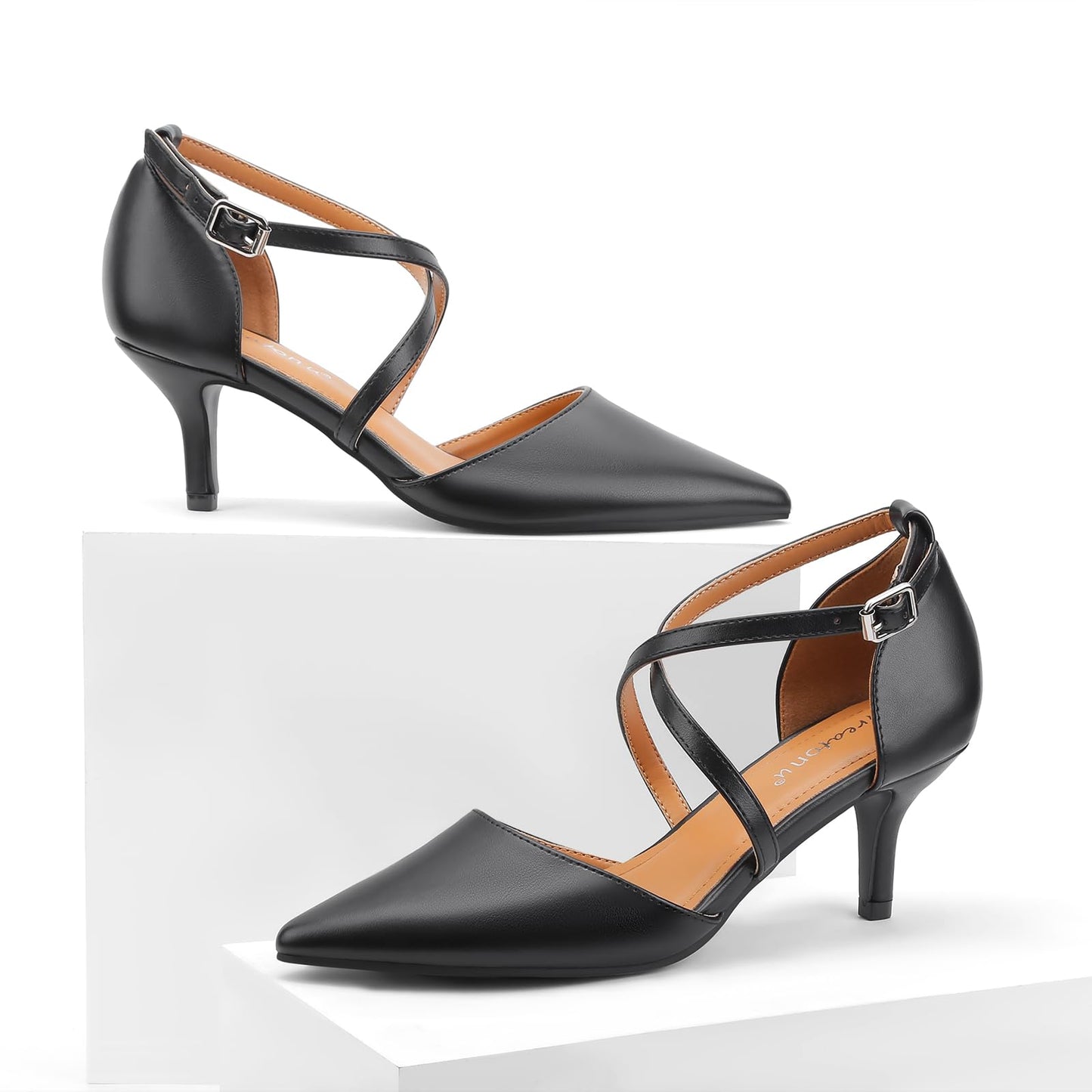 Greatonu Women's Pointed Toe Court Shoes with Ankle Strap and Kitten Heel