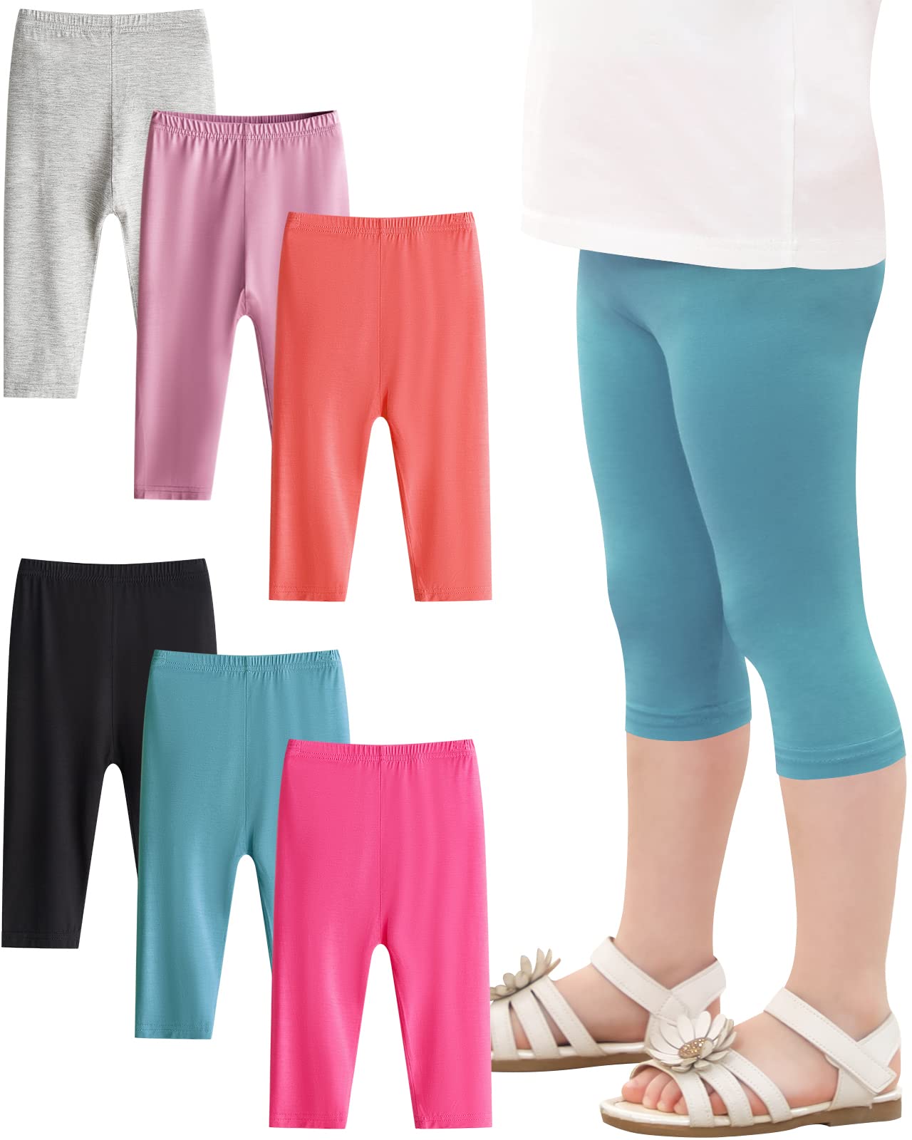 Adorel Mädchen Capri Leggings Sommer Kurz 3/4 Hosen Caprihosen Shorts 6er-Pack