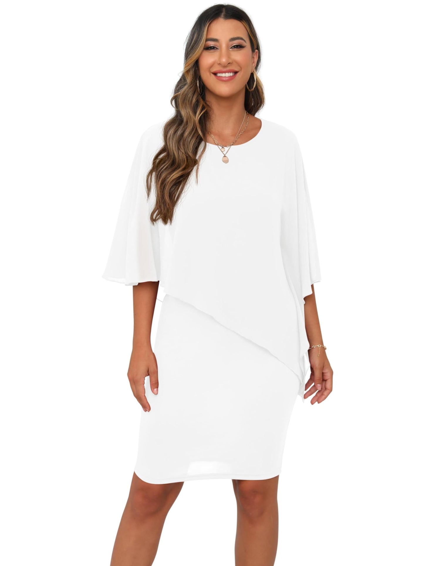 QIXING Damen Chiffon Cape Cocktialkleid Rundhals Ausschnitt Bleistiftkleid Sommerkleid Damen Knielang Elegant Abendkleid Mit Overlay Casual Bodycon Kleider
