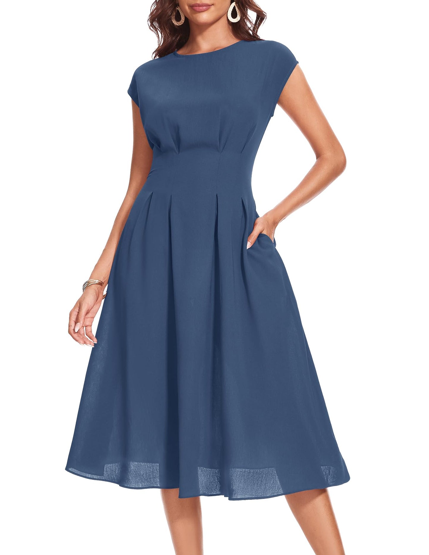 Wedtrend Cocktailkleid Damen Elegant Rockabilly Kleider Damen Midi Cap Sleeves Kleid Festlich Damen 50er Vintage A Linie Abendkleid mit Taschen